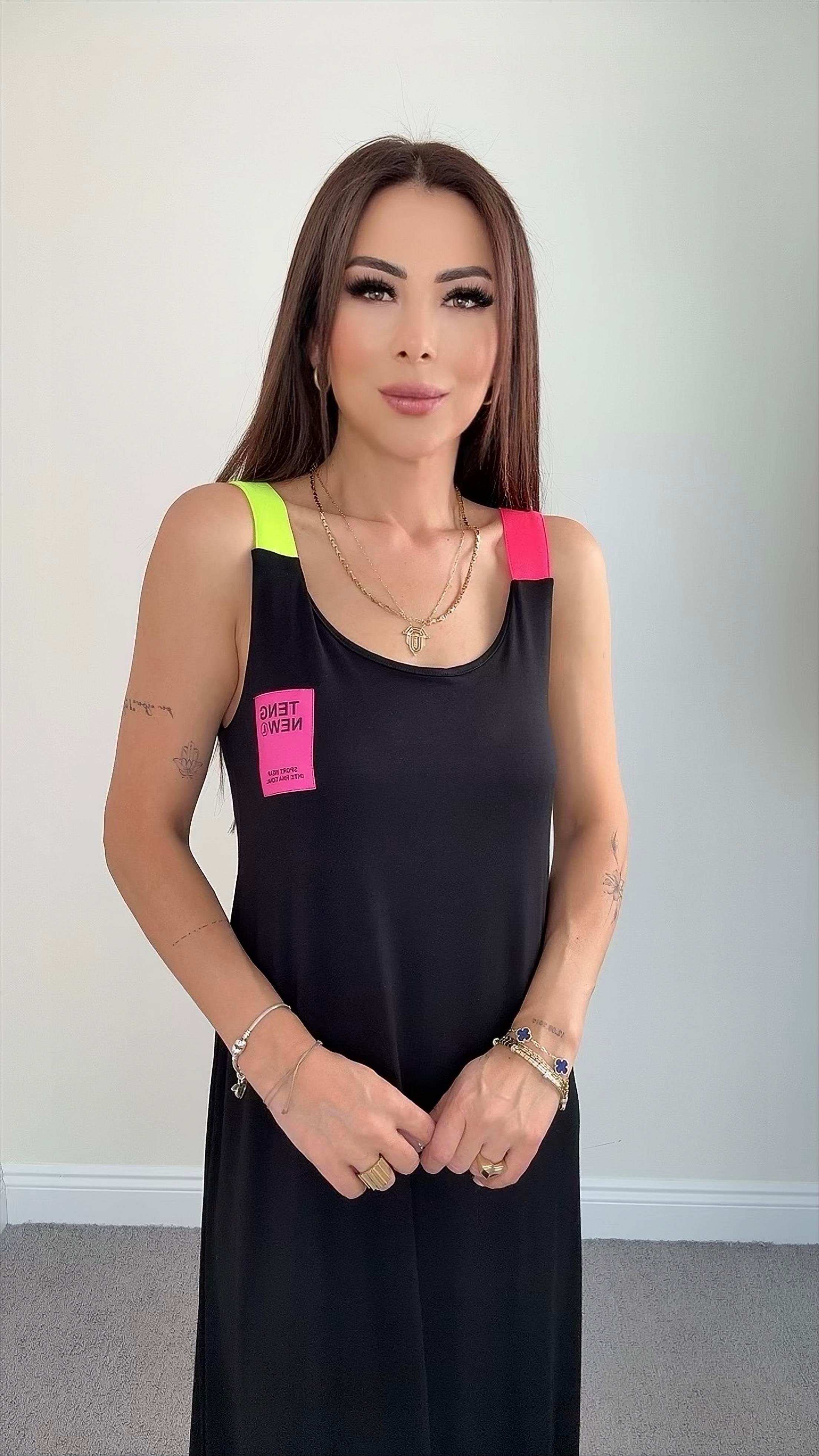 Reba Kadın Neon Askı Detaylı Siyah Midi Elbise