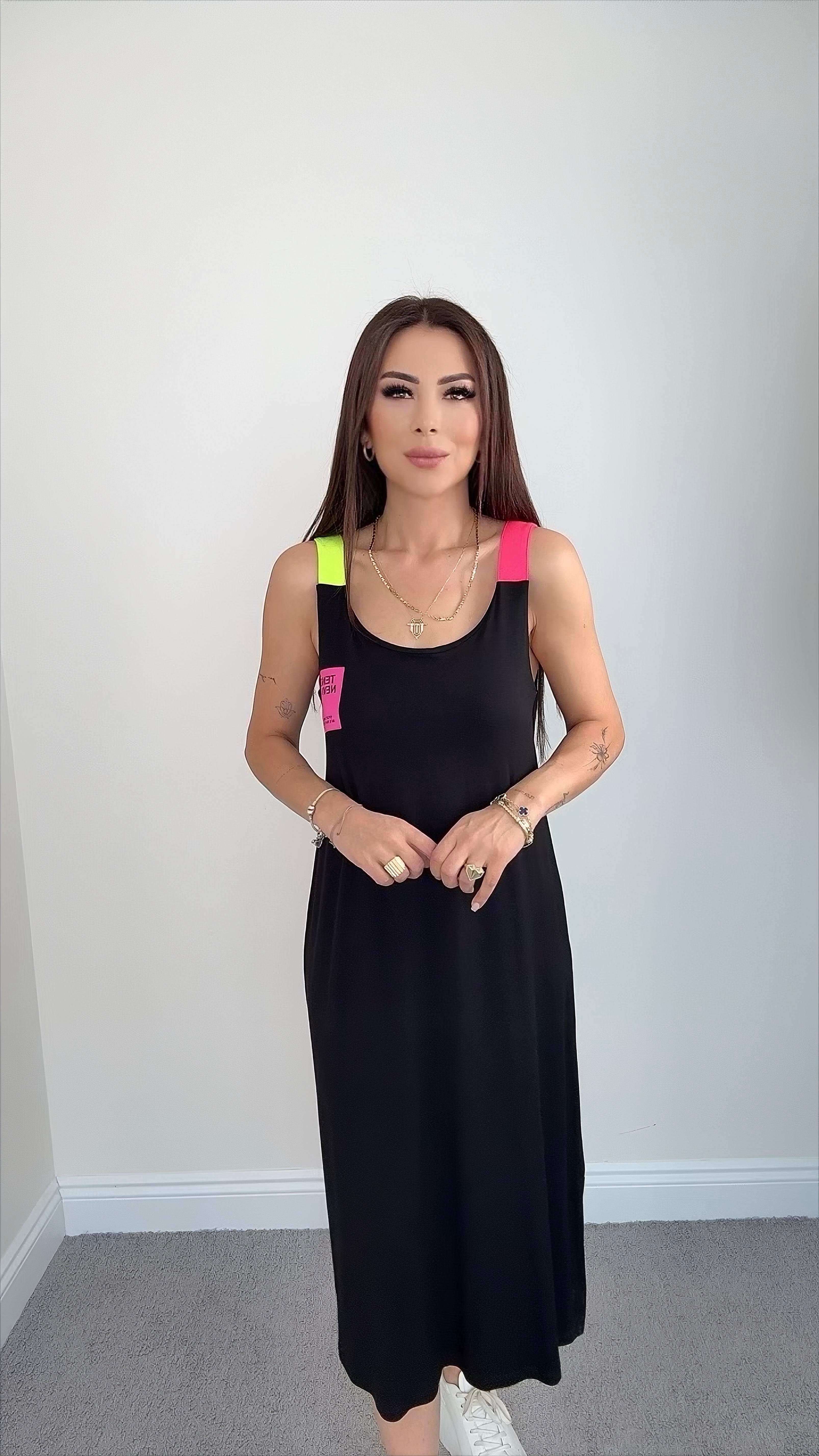 Reba Kadın Neon Askı Detaylı Siyah Midi Elbise