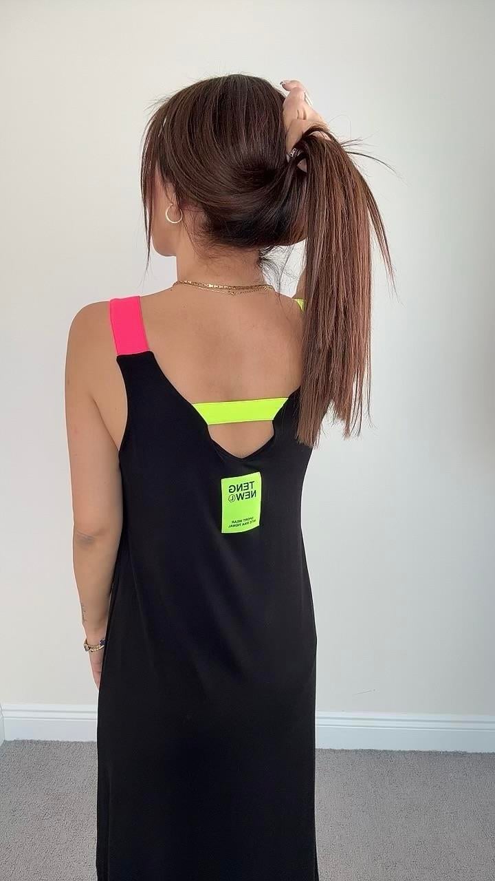 Reba Kadın Neon Askı Detaylı Siyah Midi Elbise