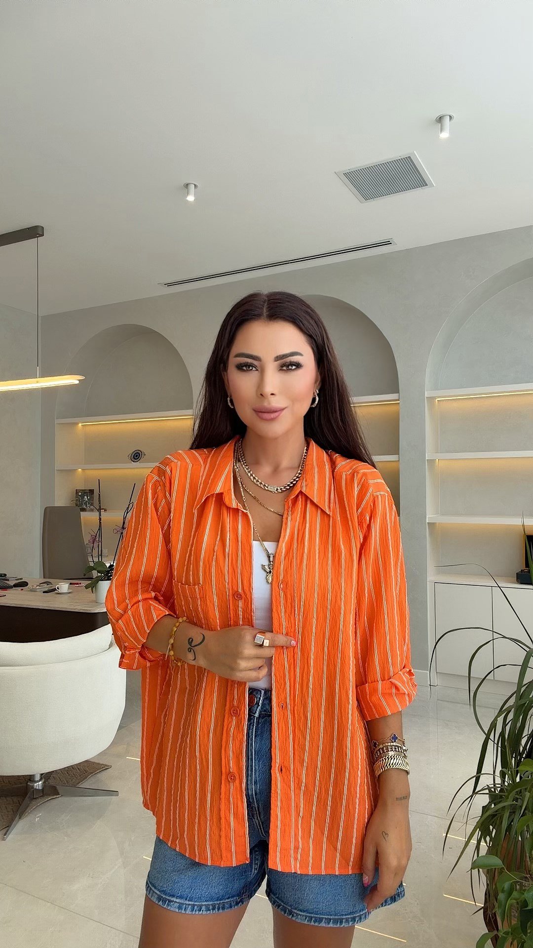 Renra Kadın Oversize Çizgili Turuncu Gömlek