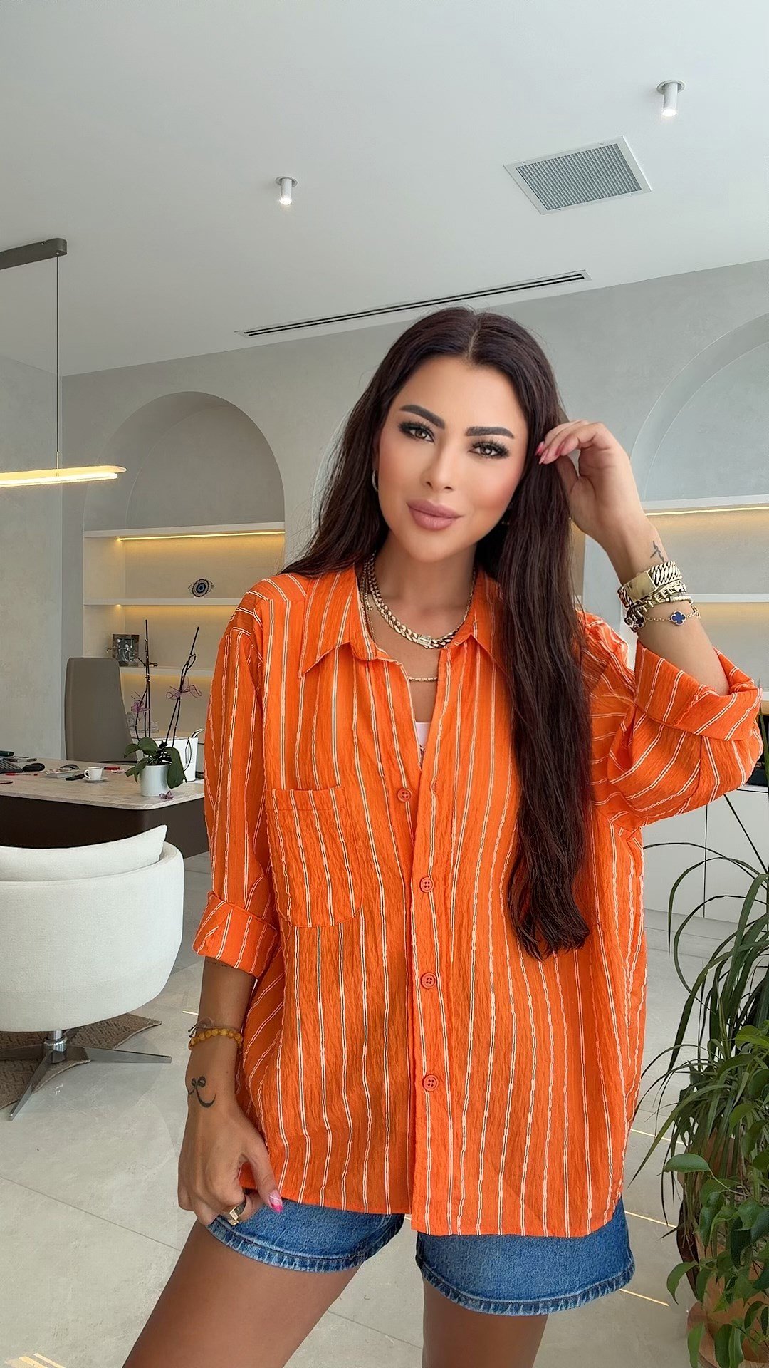 Renra Kadın Oversize Çizgili Turuncu Gömlek