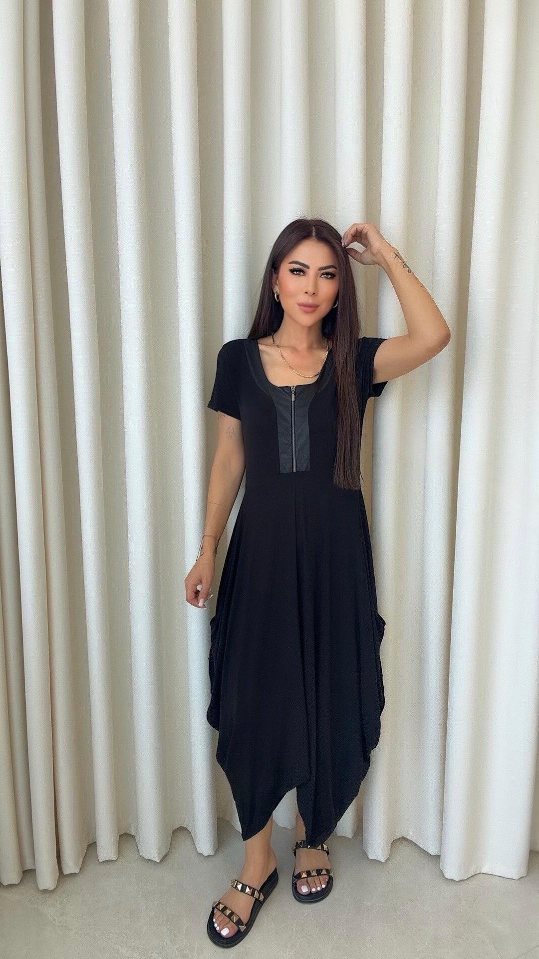 Rewcu Kadın Şalvar Model Cepli Siyah Elbise