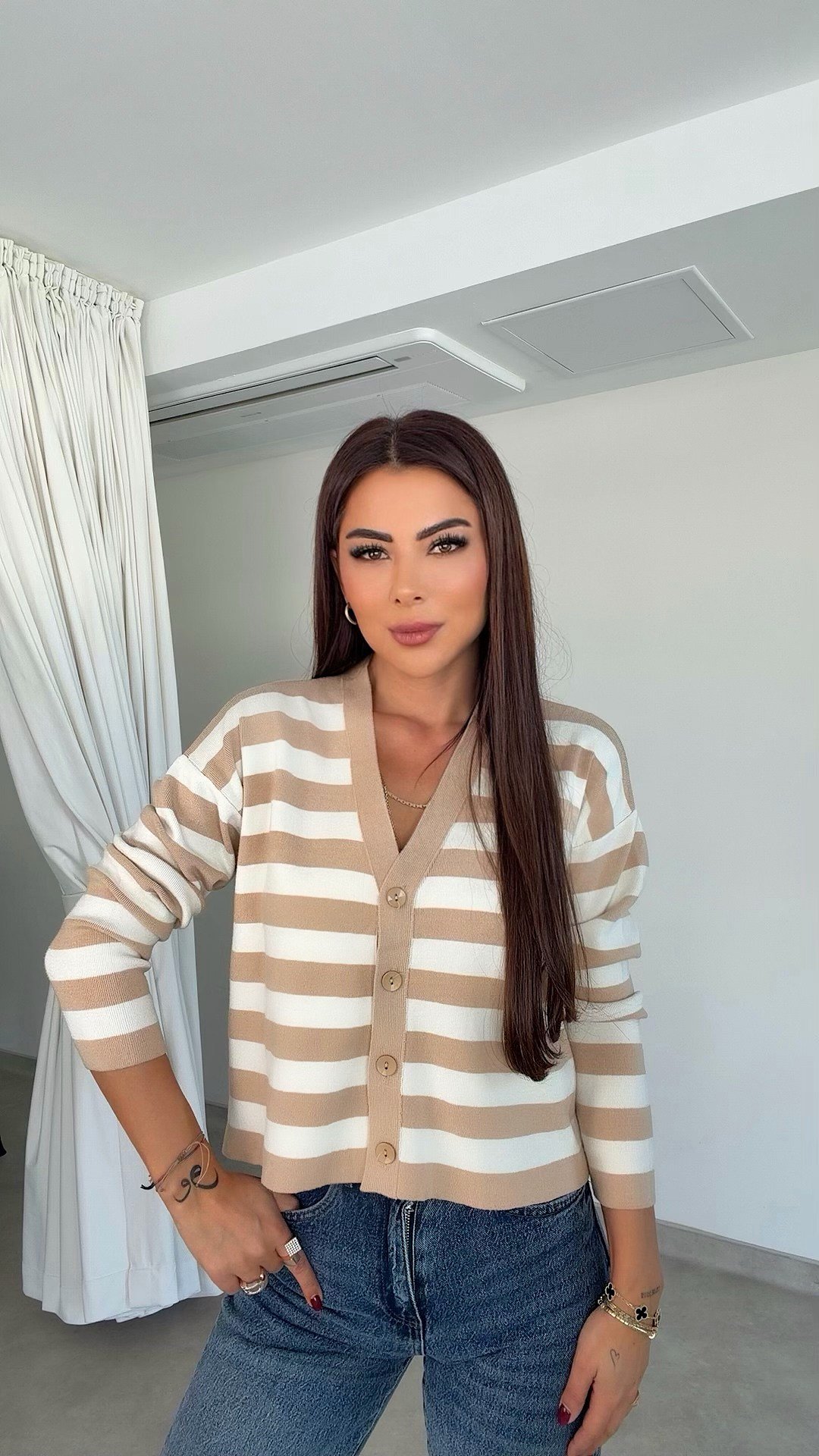 Rilvo Yatay Çizgili Kadın Ekru Bej Hırka