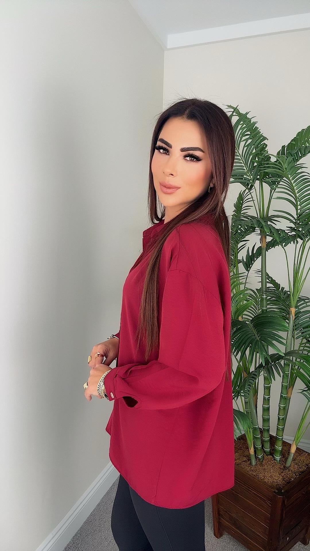 Robe Kadın Tek Cepli Oversize Bordo Gömlek