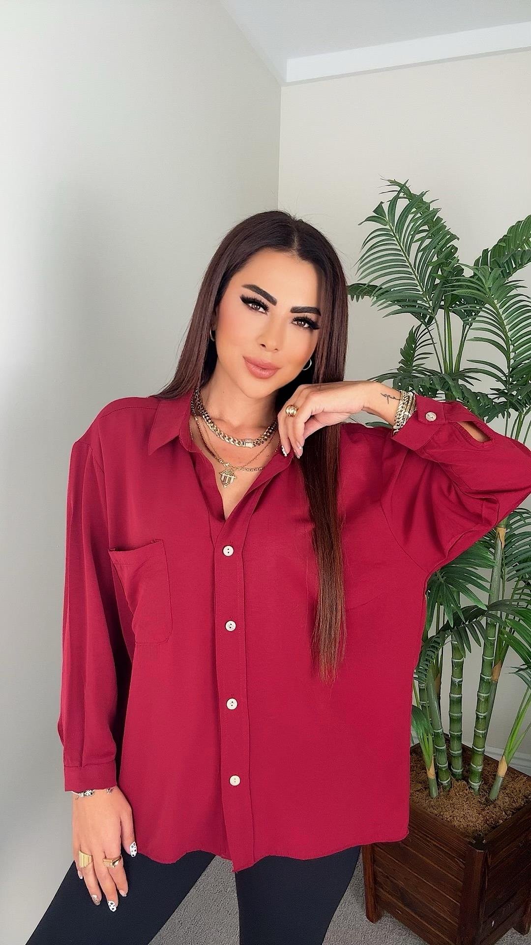Robe Kadın Tek Cepli Oversize Bordo Gömlek