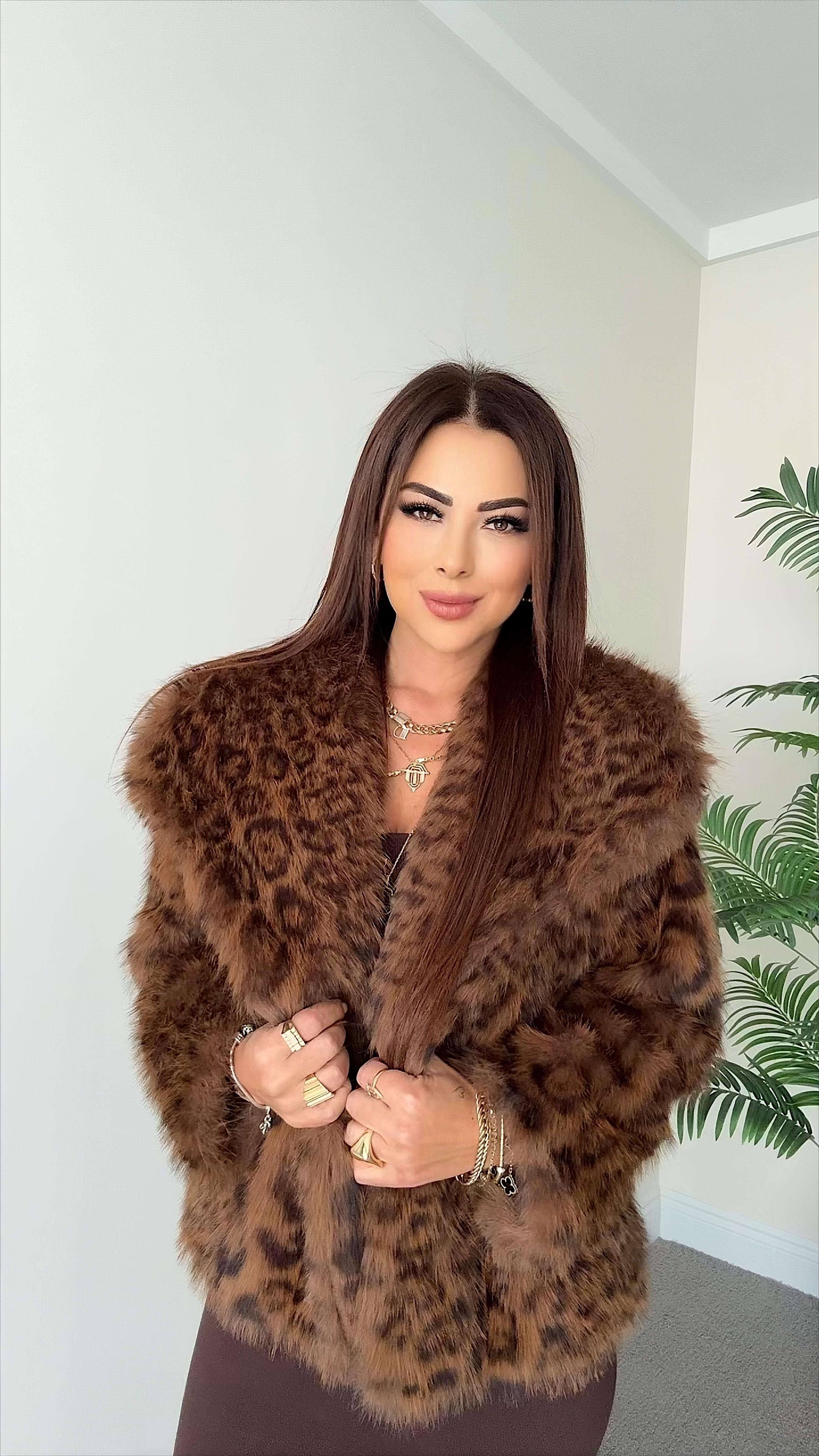 Sambu Kadın Leopar Desenli Kahverengi Kürk