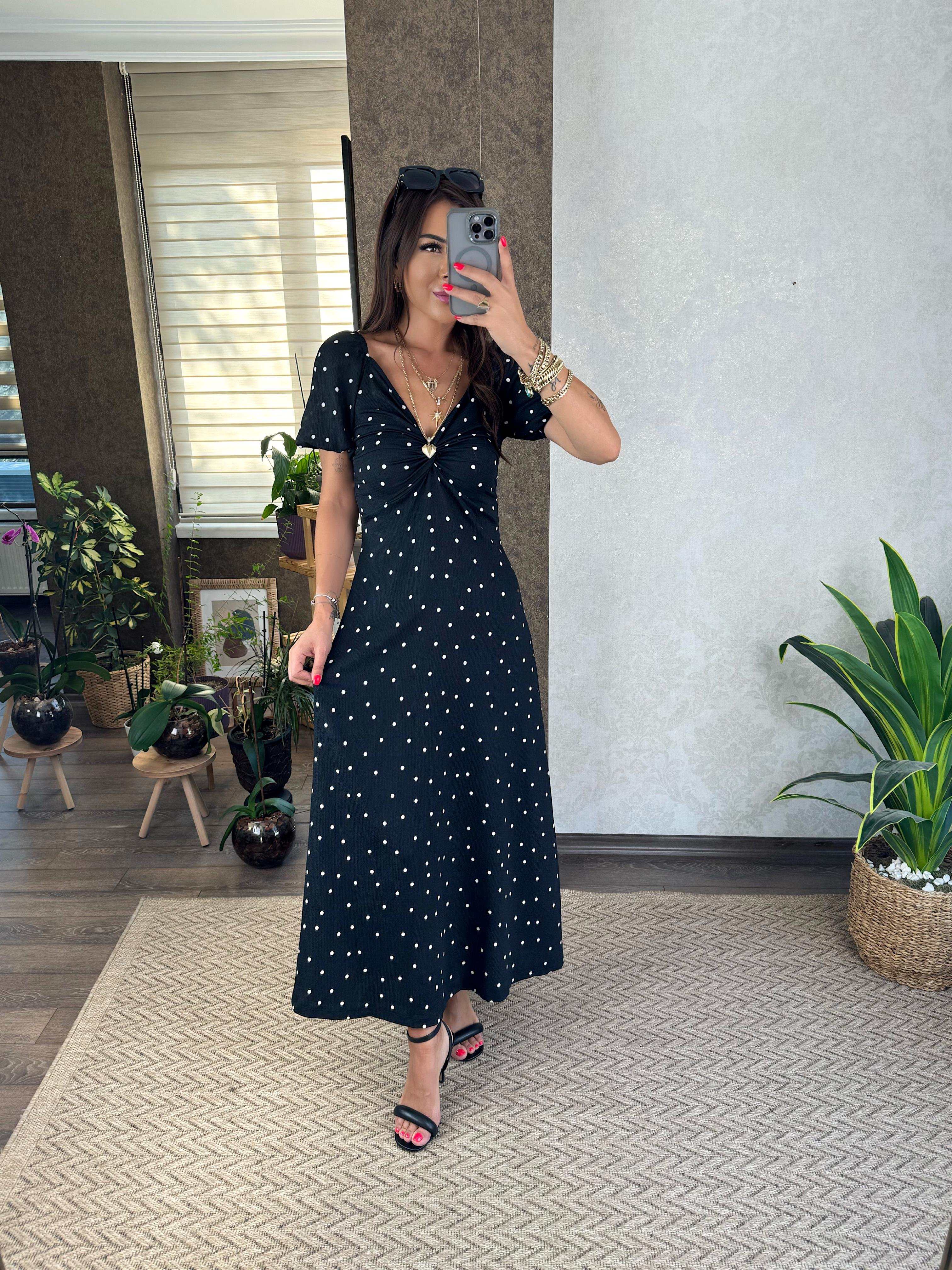 Sane Kadın Siyah Puantiyeli Maxi Boy Elbise