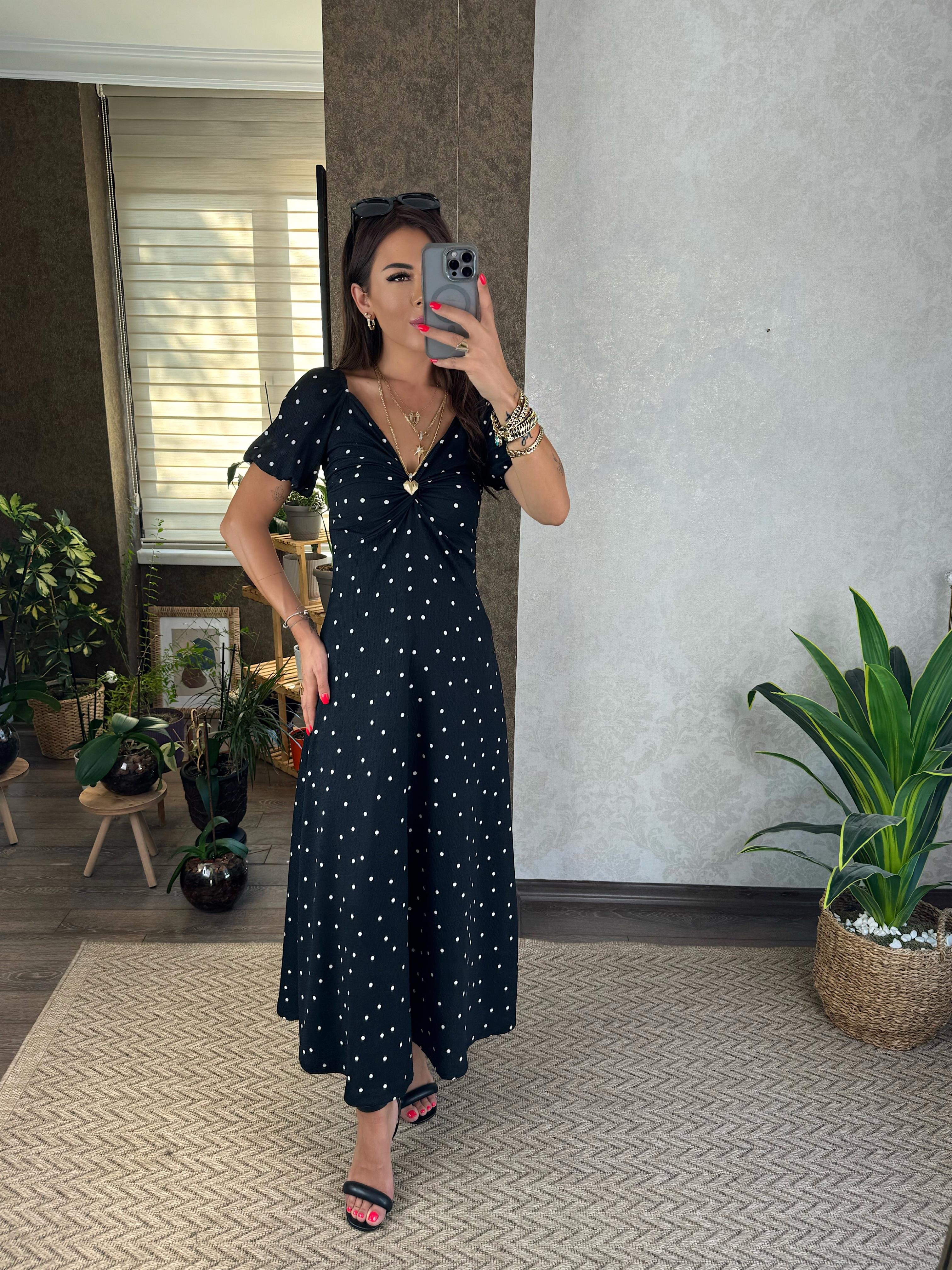 Sane Kadın Siyah Puantiyeli Maxi Boy Elbise