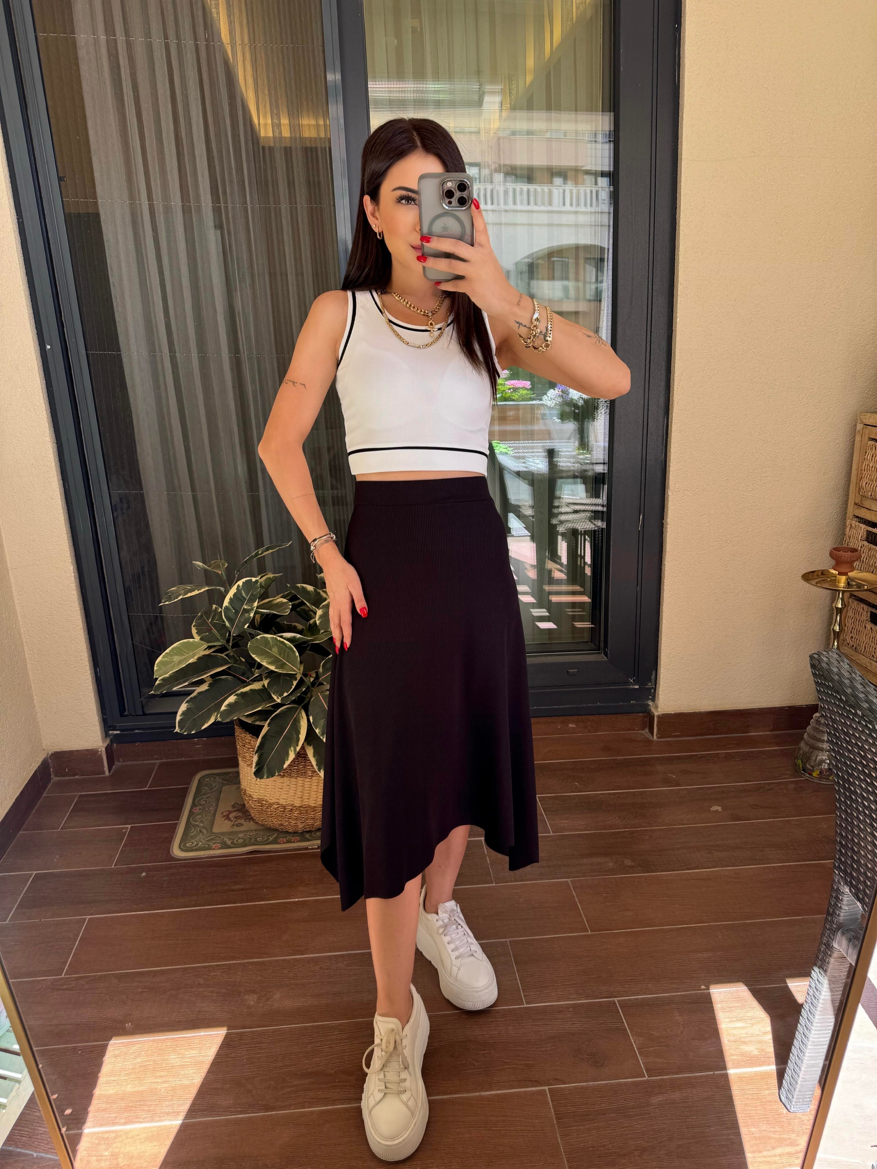Sean Kadın Asimetrik Kesim Siyah Midi Etek