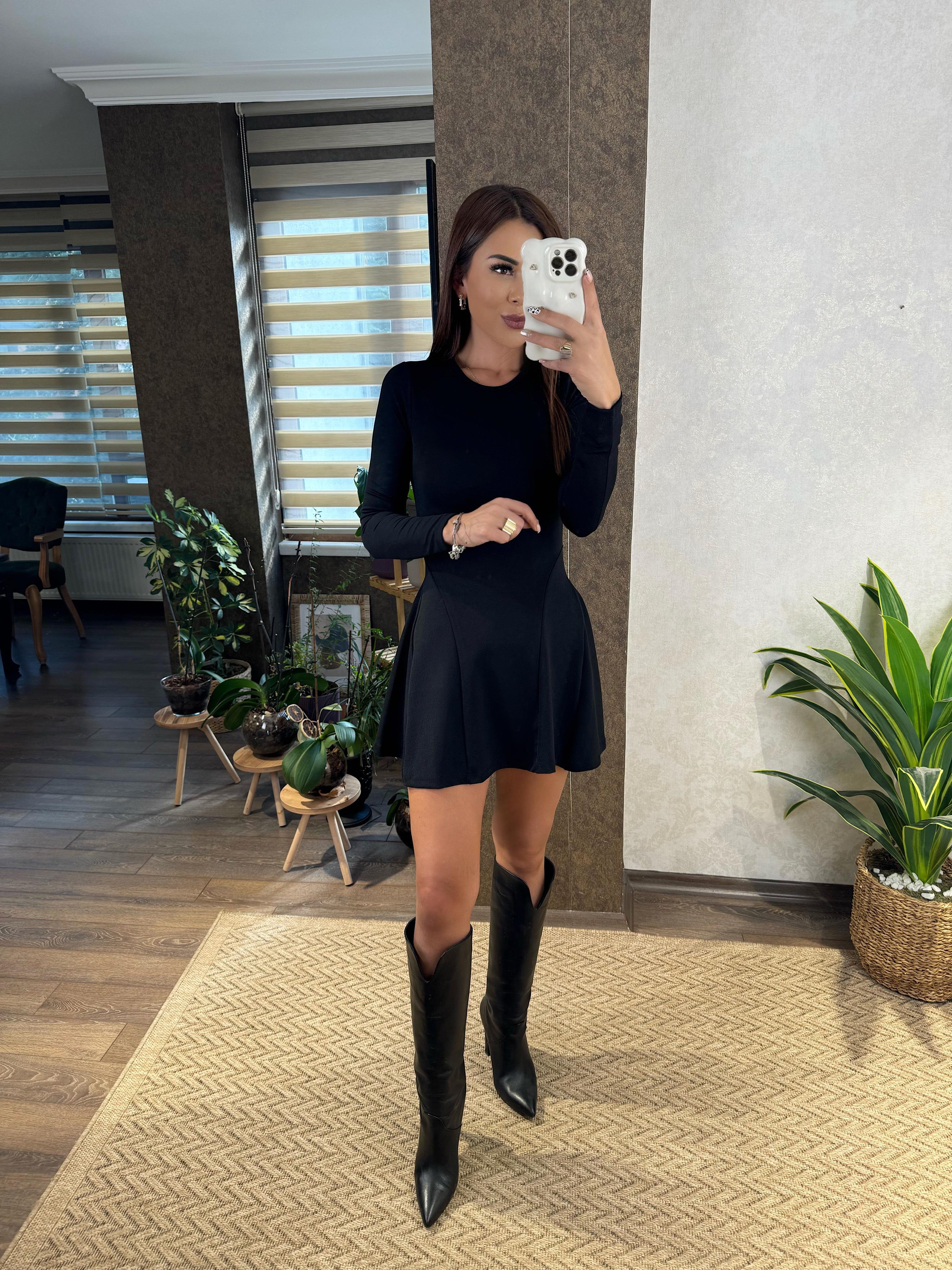 Sıfır Yaka Siyah Mini Elbise