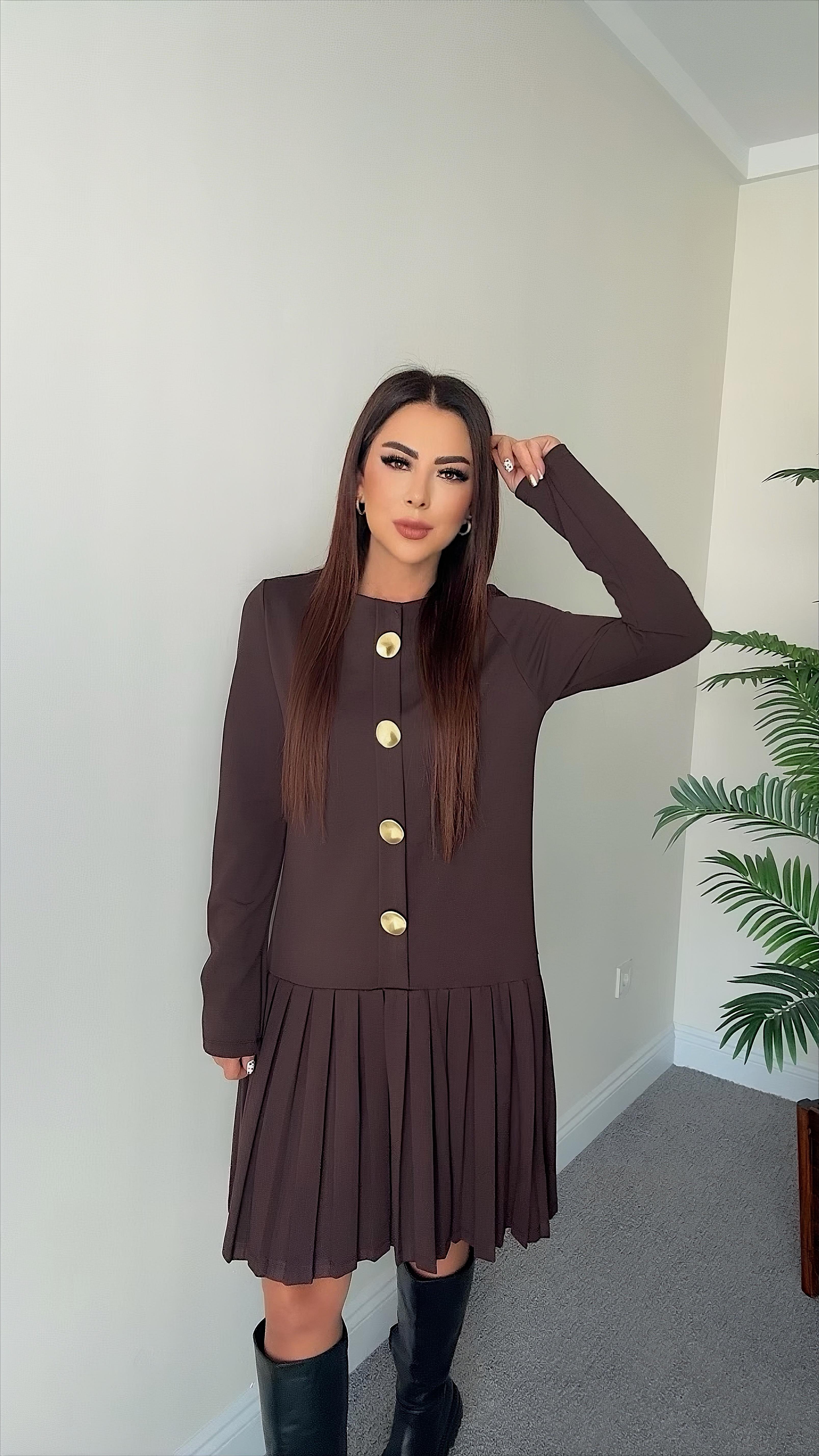 Sissa Kadın Düğme Detaylı Acı Kahve Pileli  Elbise