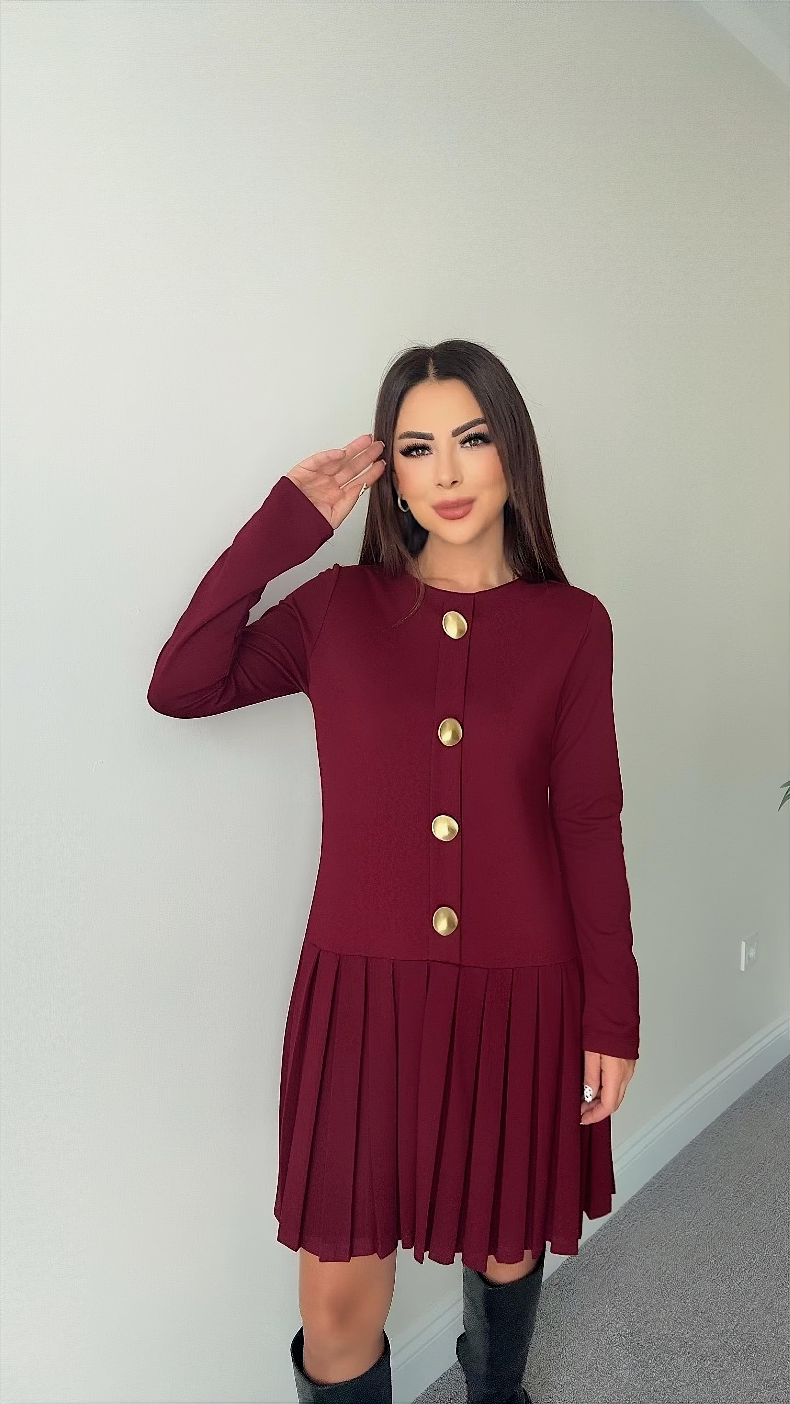 Sissa Kadın Düğme Detaylı Pileli Bordo Elbise