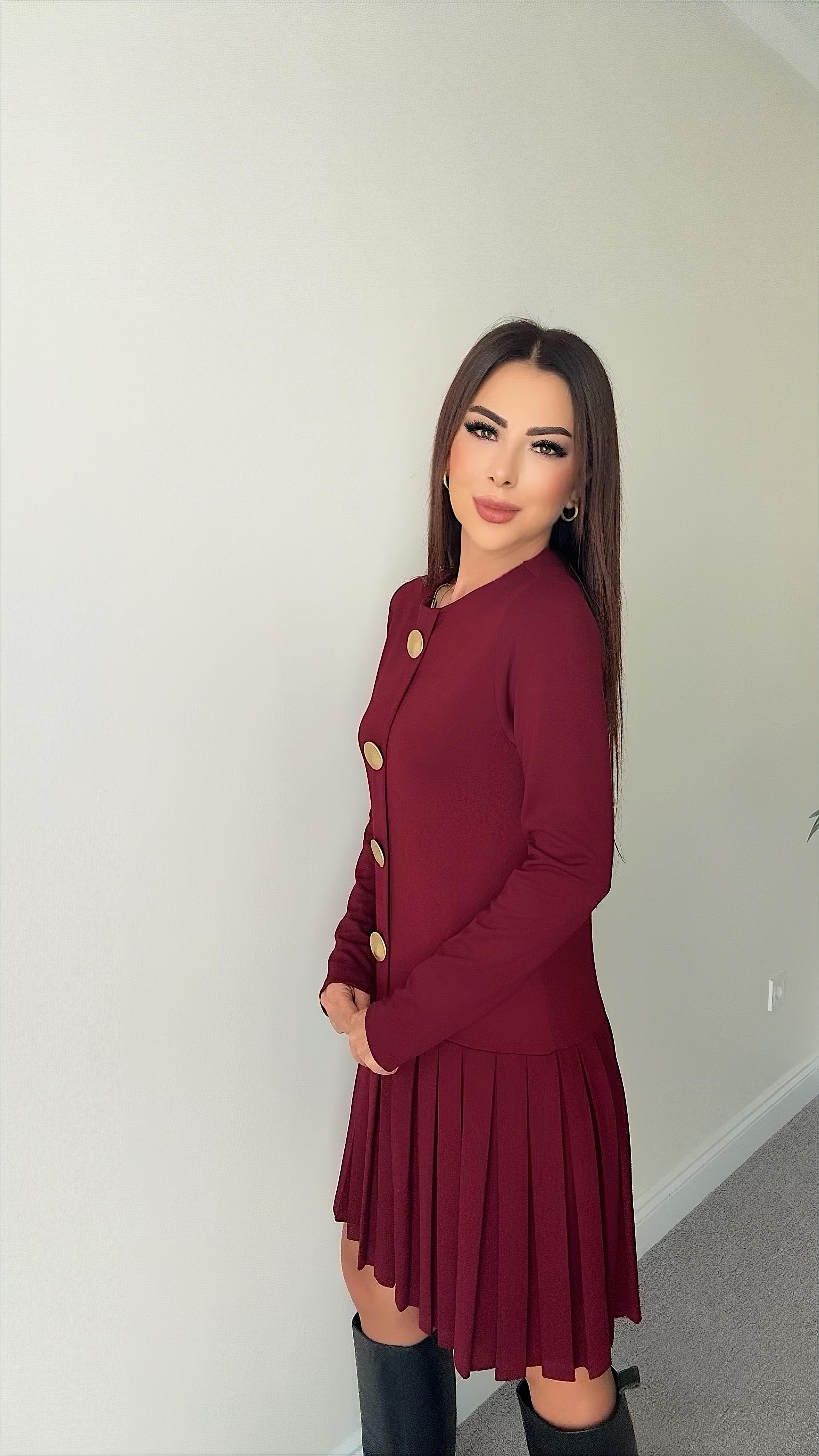 Sissa Kadın Düğme Detaylı Pileli Bordo Elbise