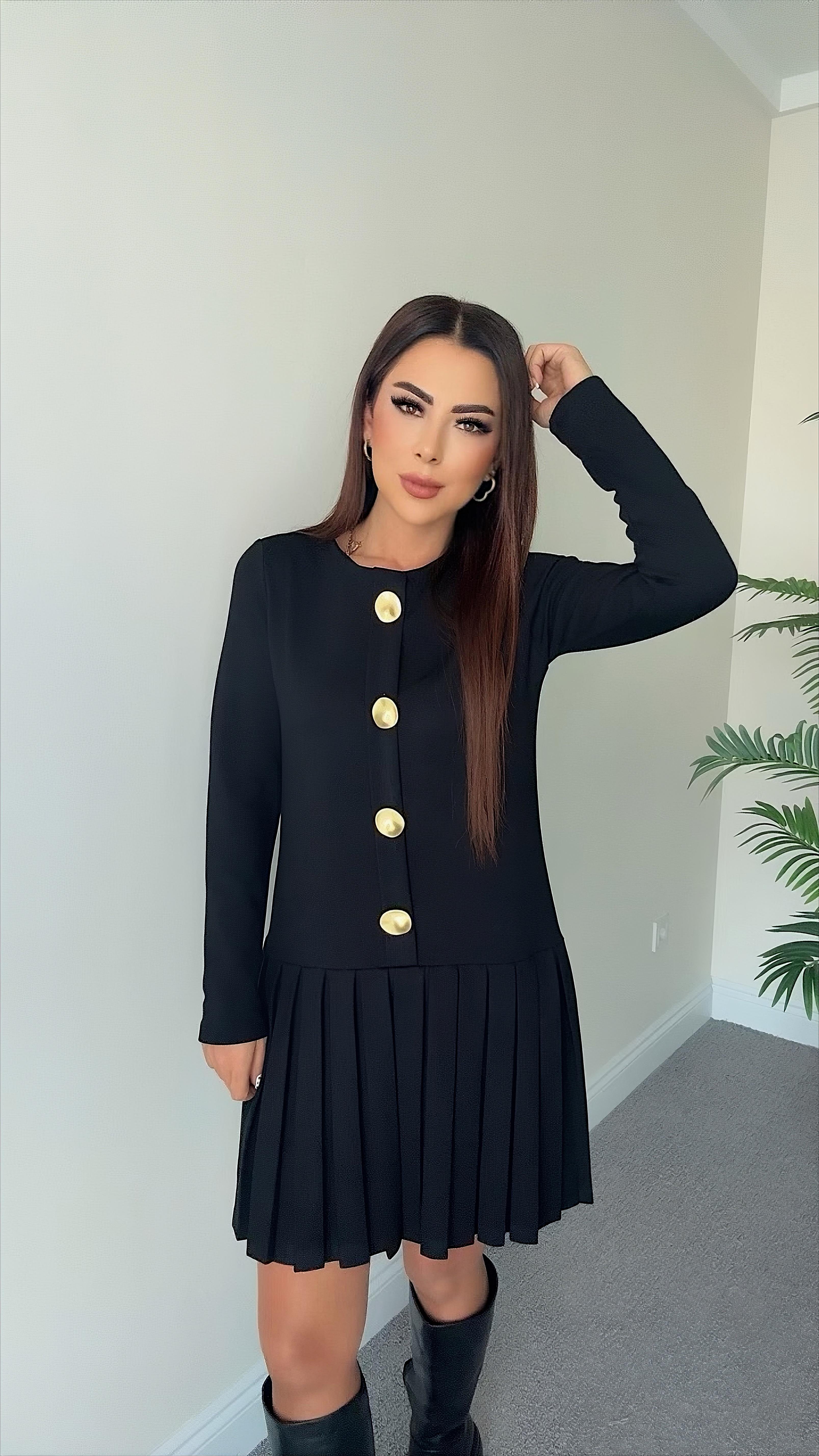 Sissa Kadın Düğme Detaylı Siyah Pileli  Elbise