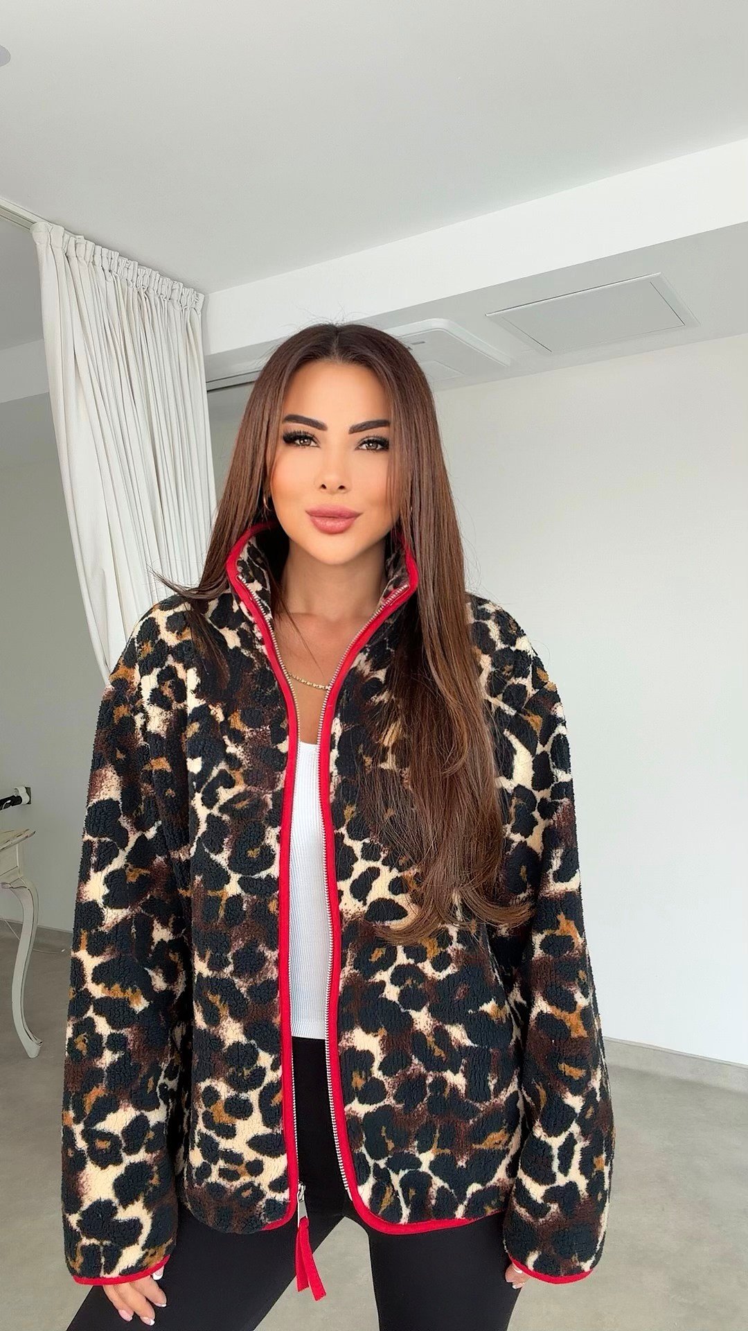Solina Kadın Leopar Desenli Teddy Kırmızı Mont