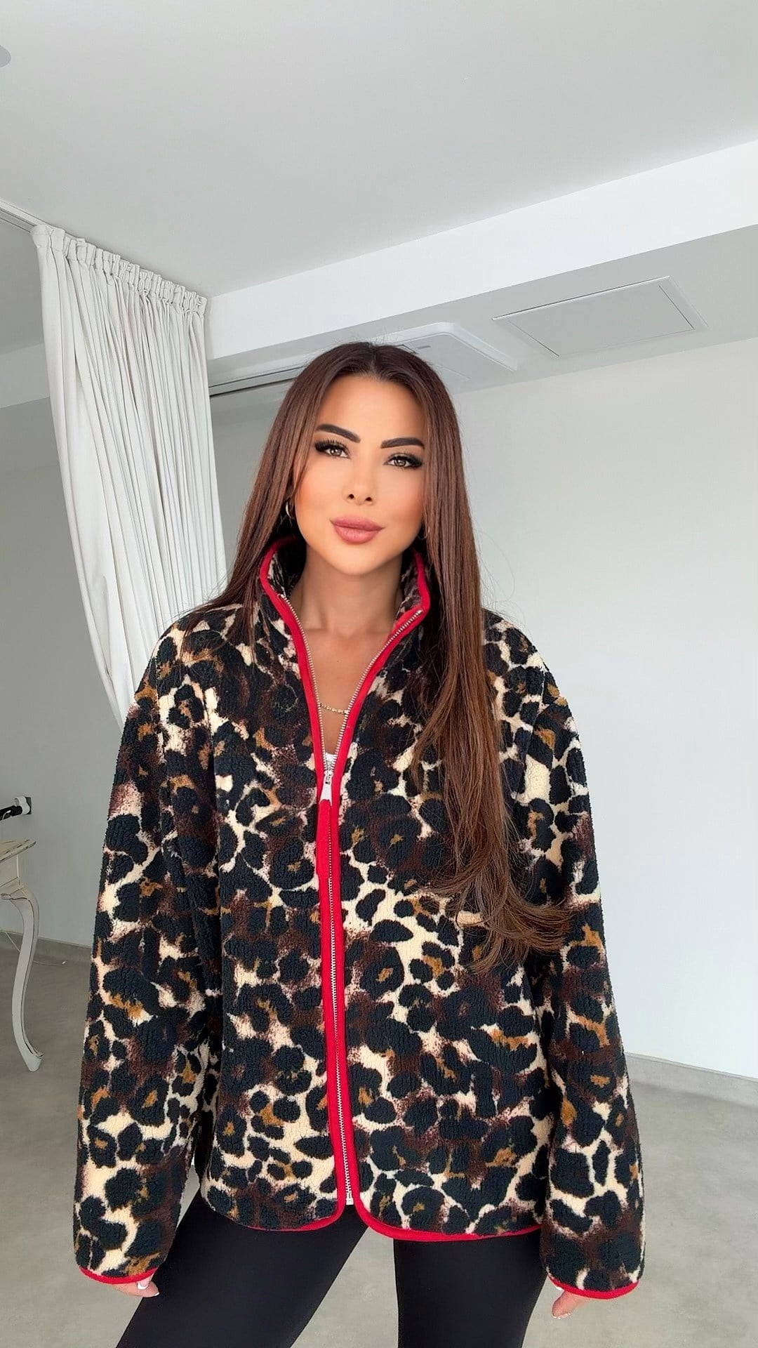 Solina Kadın Leopar Desenli Teddy Kırmızı Mont