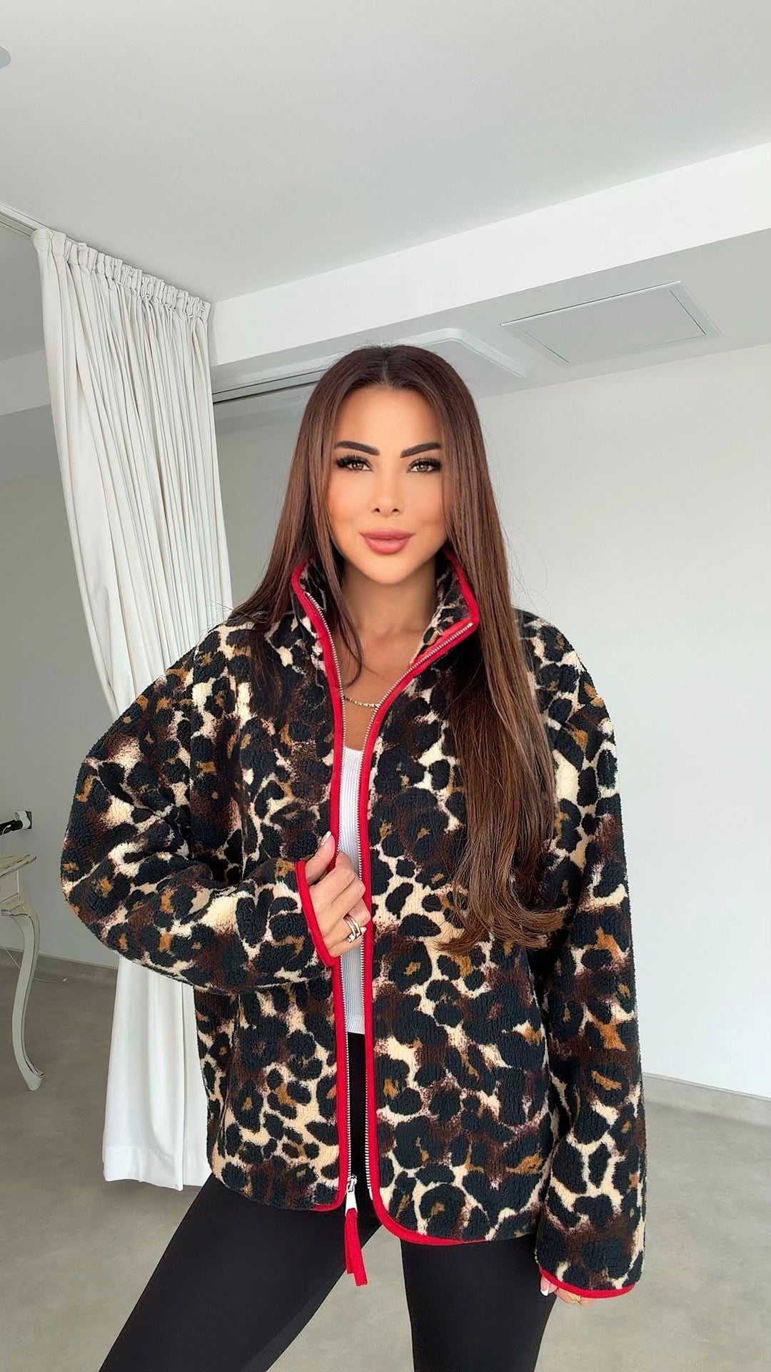 Solina Kadın Leopar Desenli Teddy Kırmızı Mont