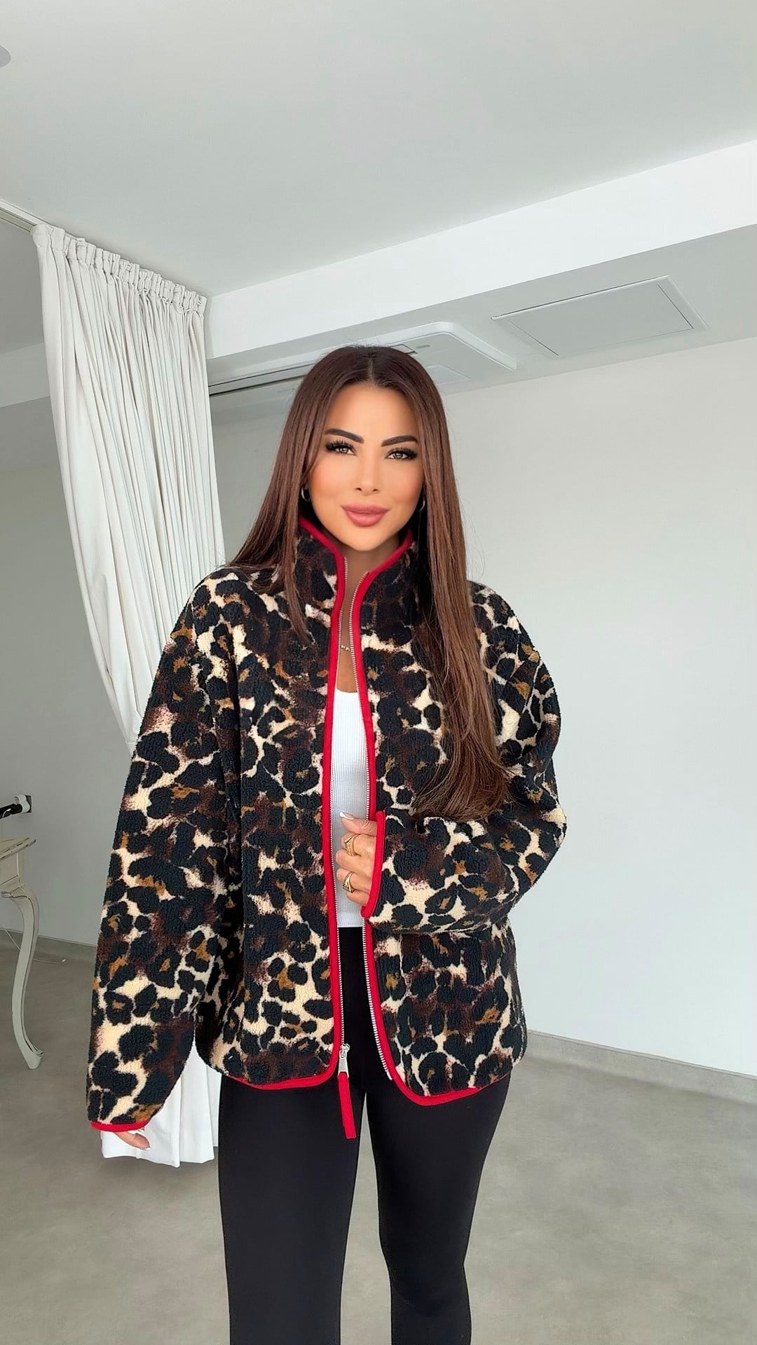 Solina Kadın Leopar Desenli Teddy Kırmızı Mont