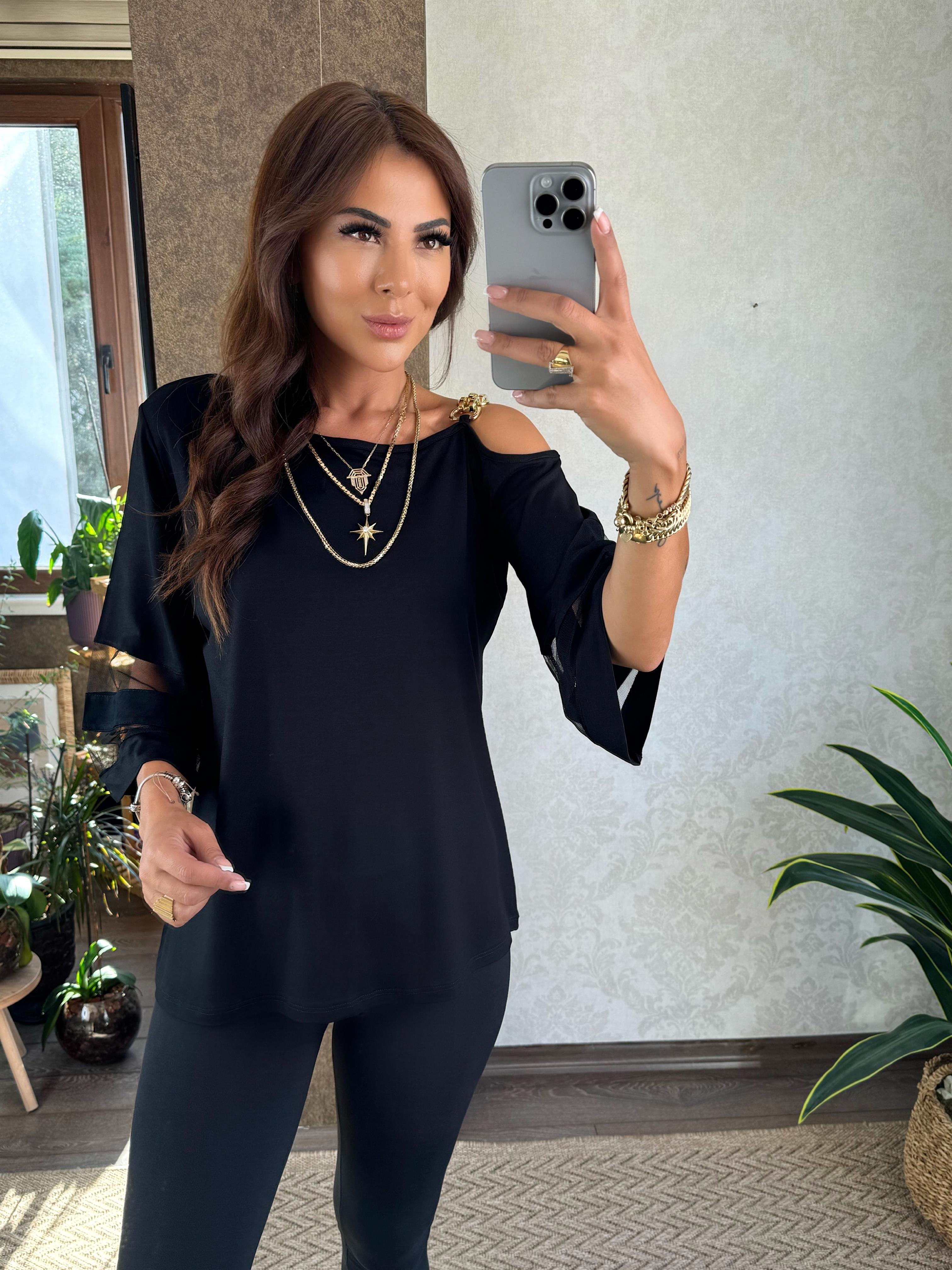 Tül Detaylı Tek Omuzu Zincirli Bluz