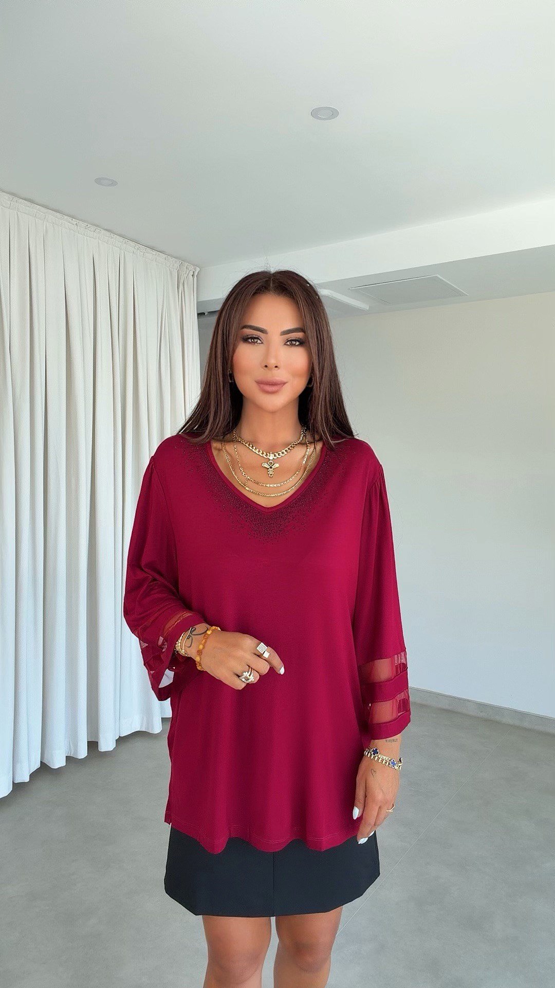 Vimo Kadın Yaka Taş Kol Tül Detaylı Bordo Bluz
