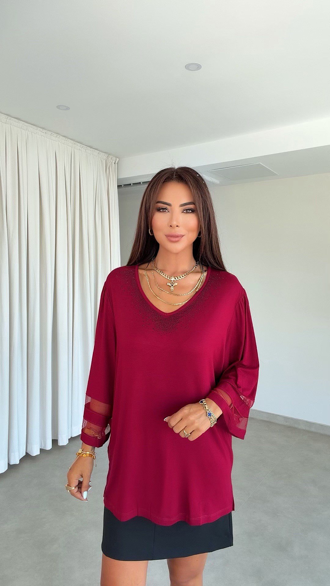 Vimo Kadın Yaka Taş Kol Tül Detaylı Bordo Bluz