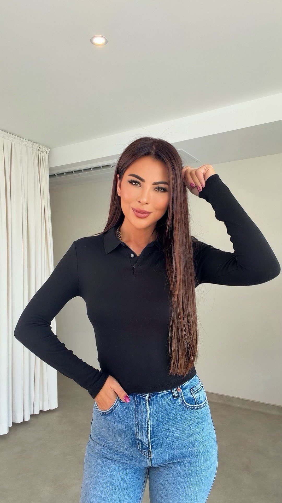 Wassen Kadın Modal Düğmeli Siyah Bluz