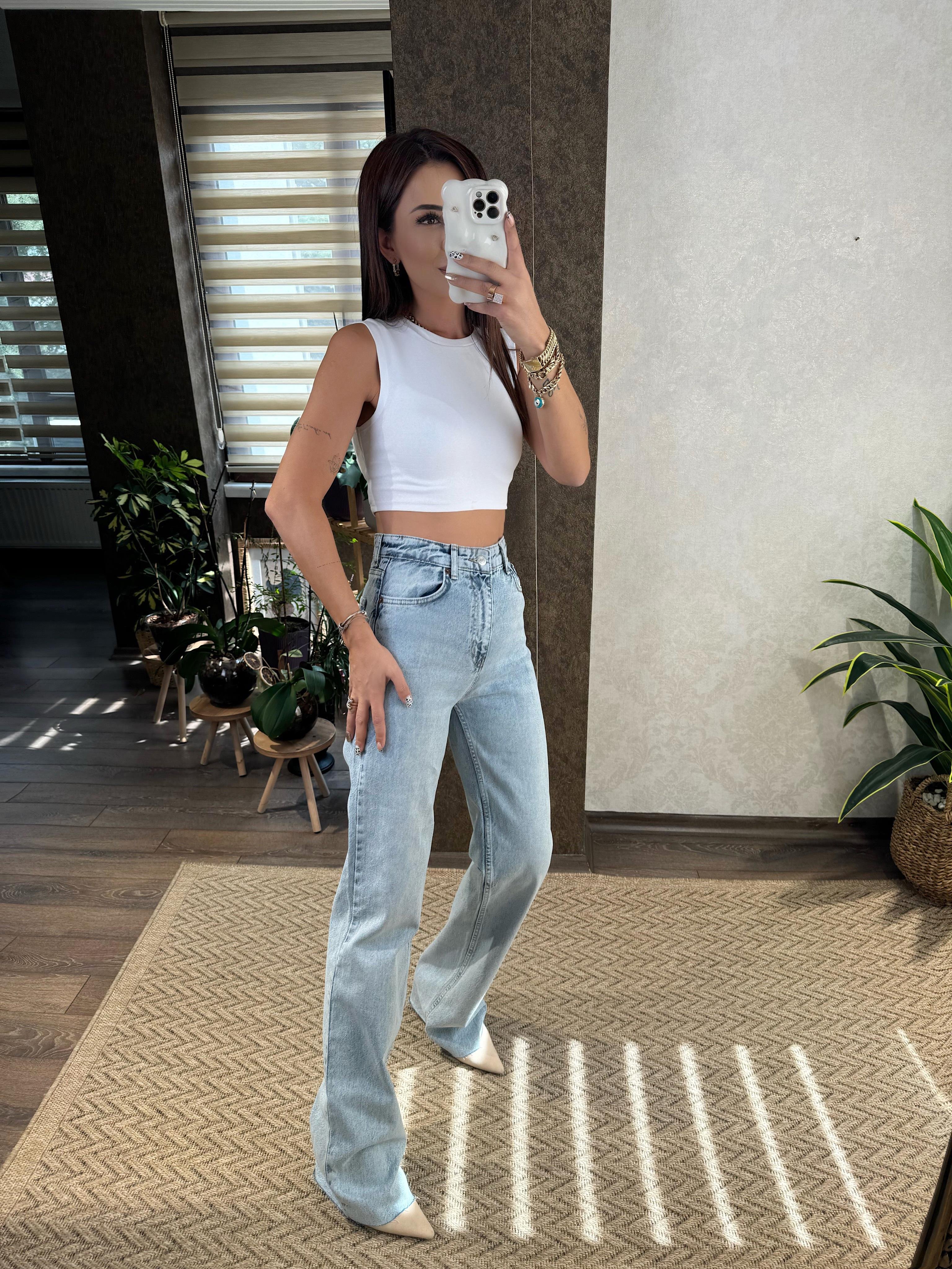 Wide Leg Açık Mavi Kar Yıkama Jean