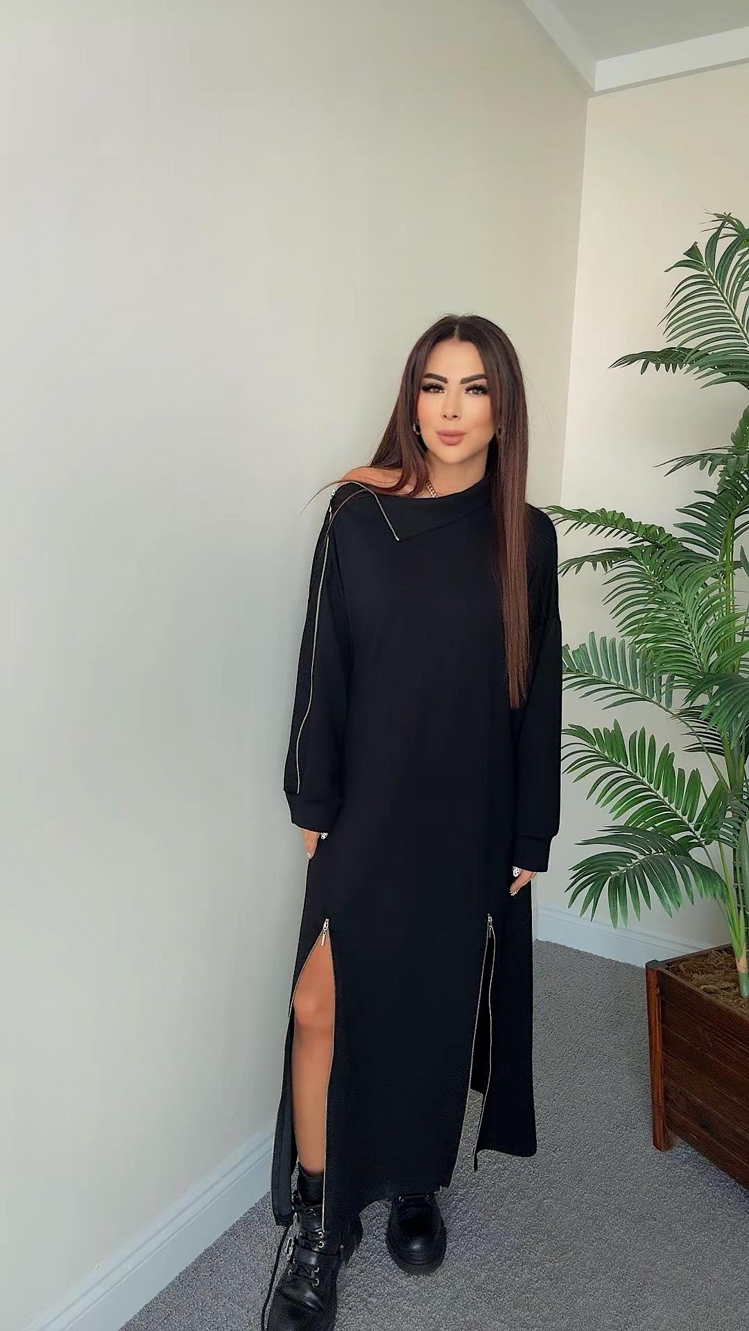 Yari Kadın Fermuar Detaylı Tasarım Siyah Elbise