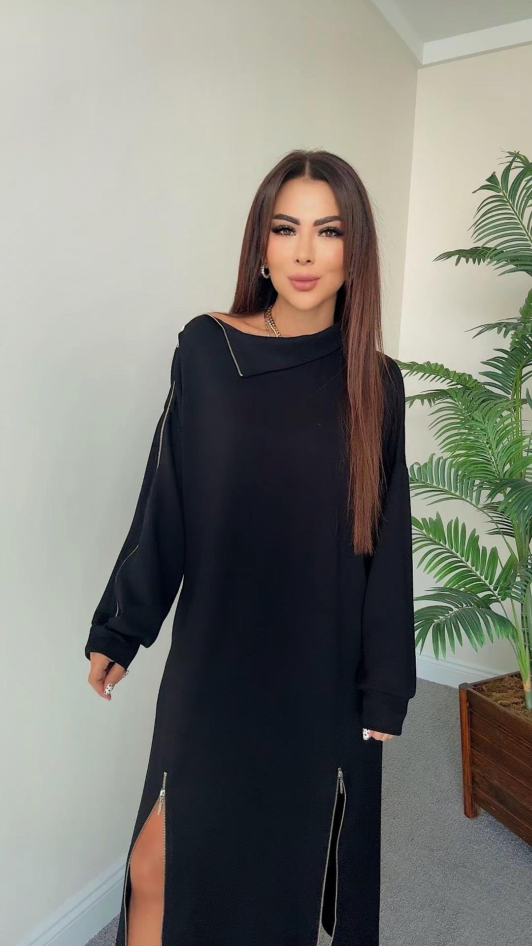 Yari Kadın Fermuar Detaylı Tasarım Siyah Elbise