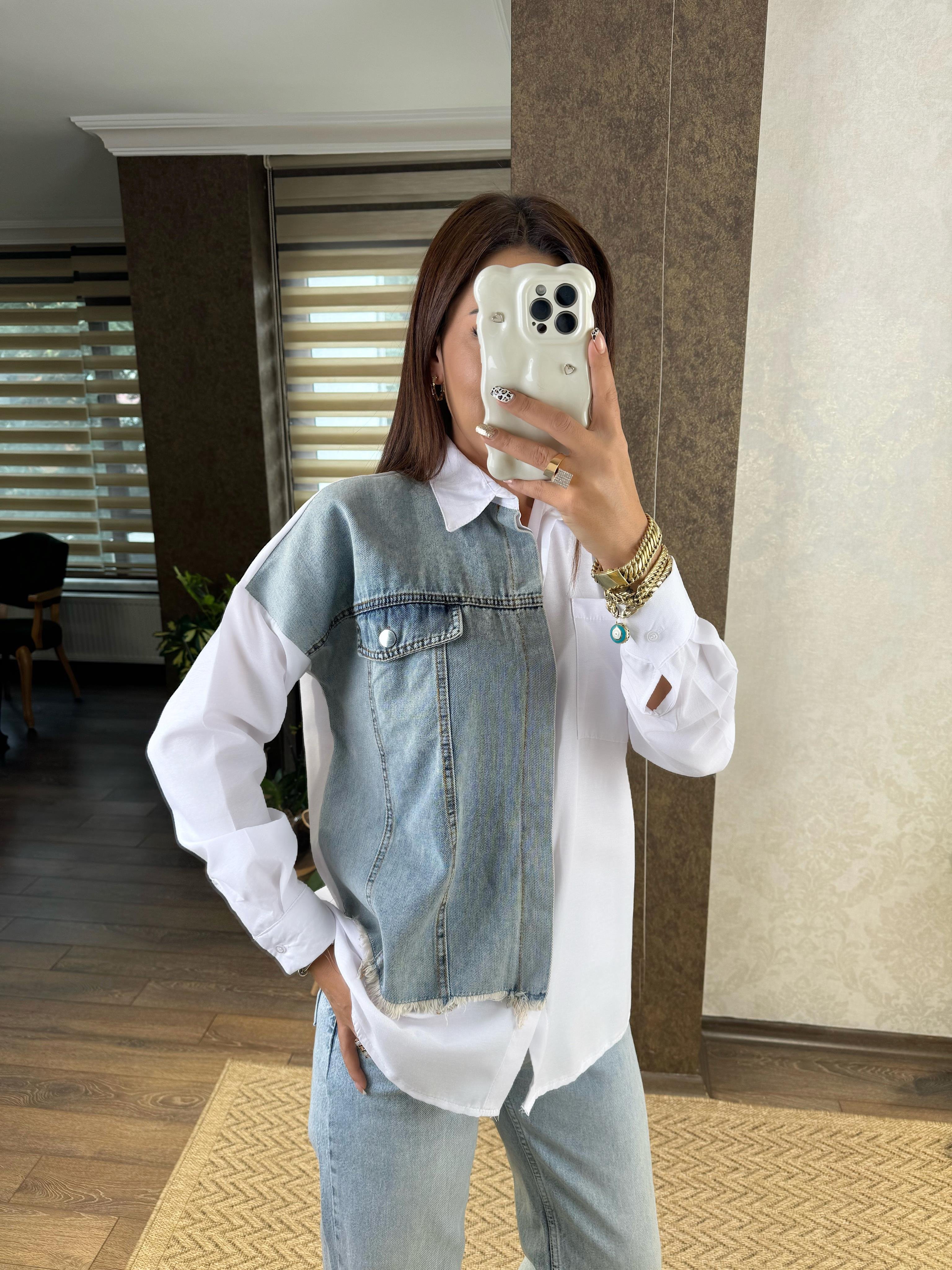 Yıkamalı Jean Detaylı Beyaz Gömlek