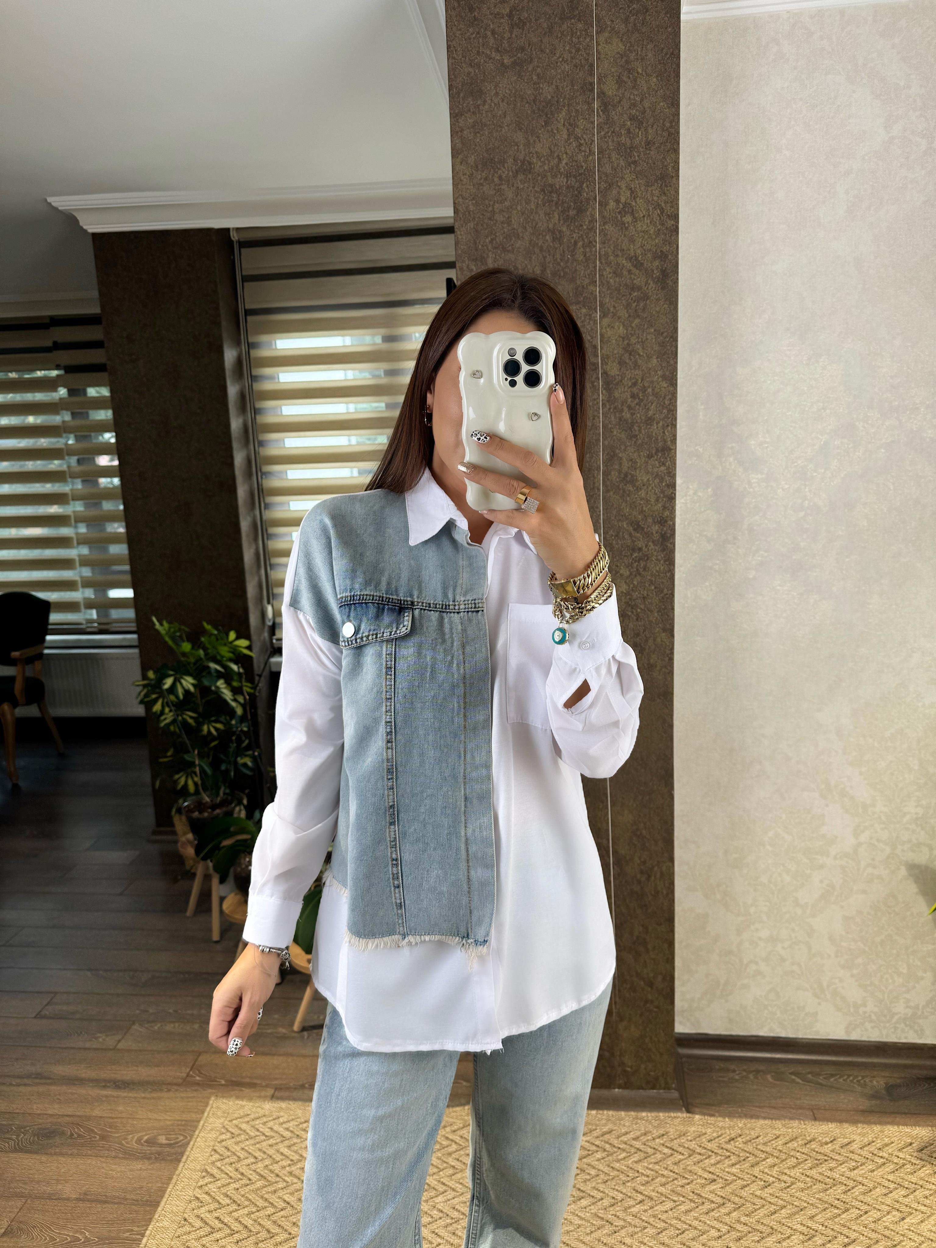 Yıkamalı Jean Detaylı Beyaz Gömlek