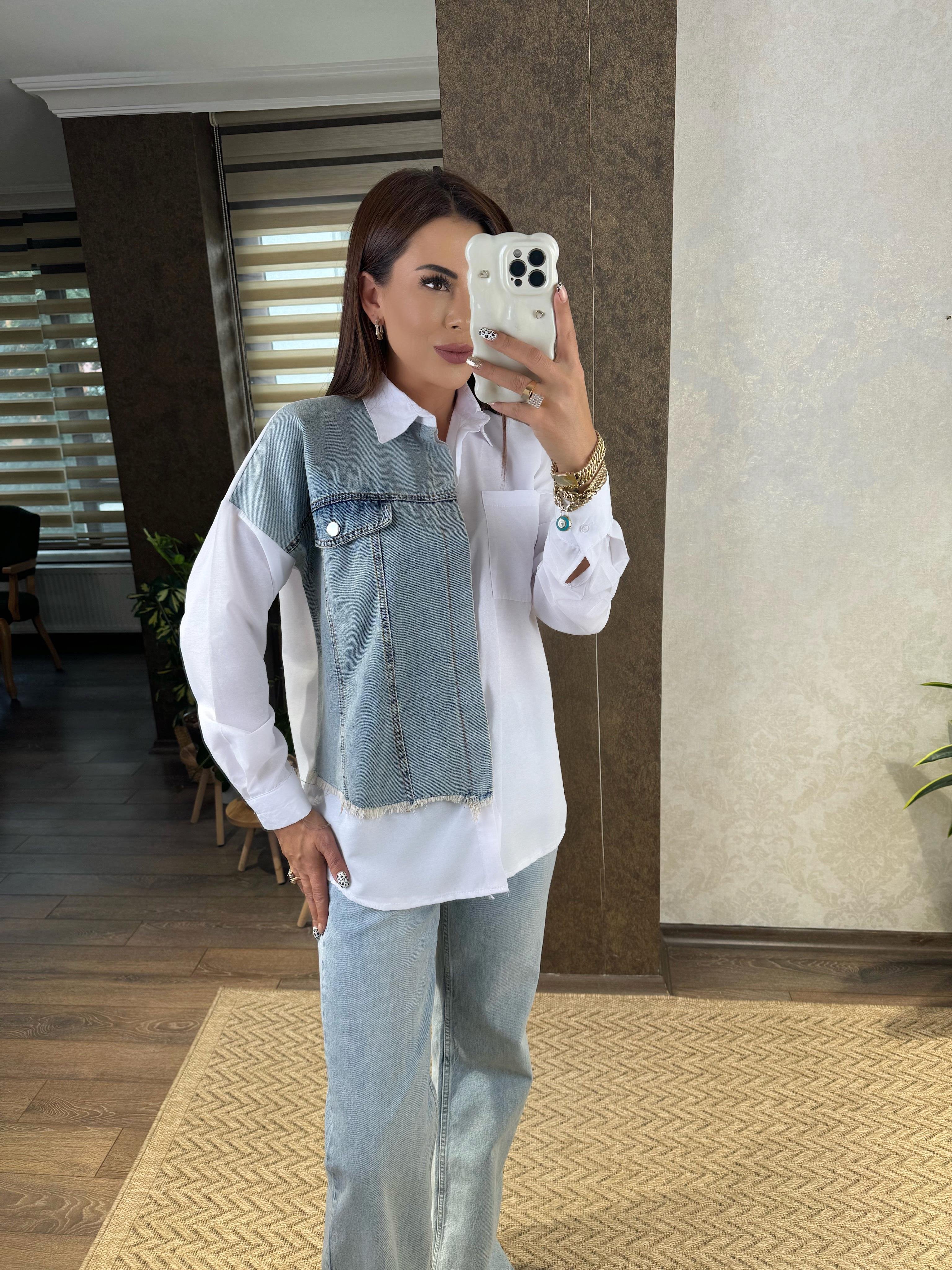 Yıkamalı Jean Detaylı Beyaz Gömlek