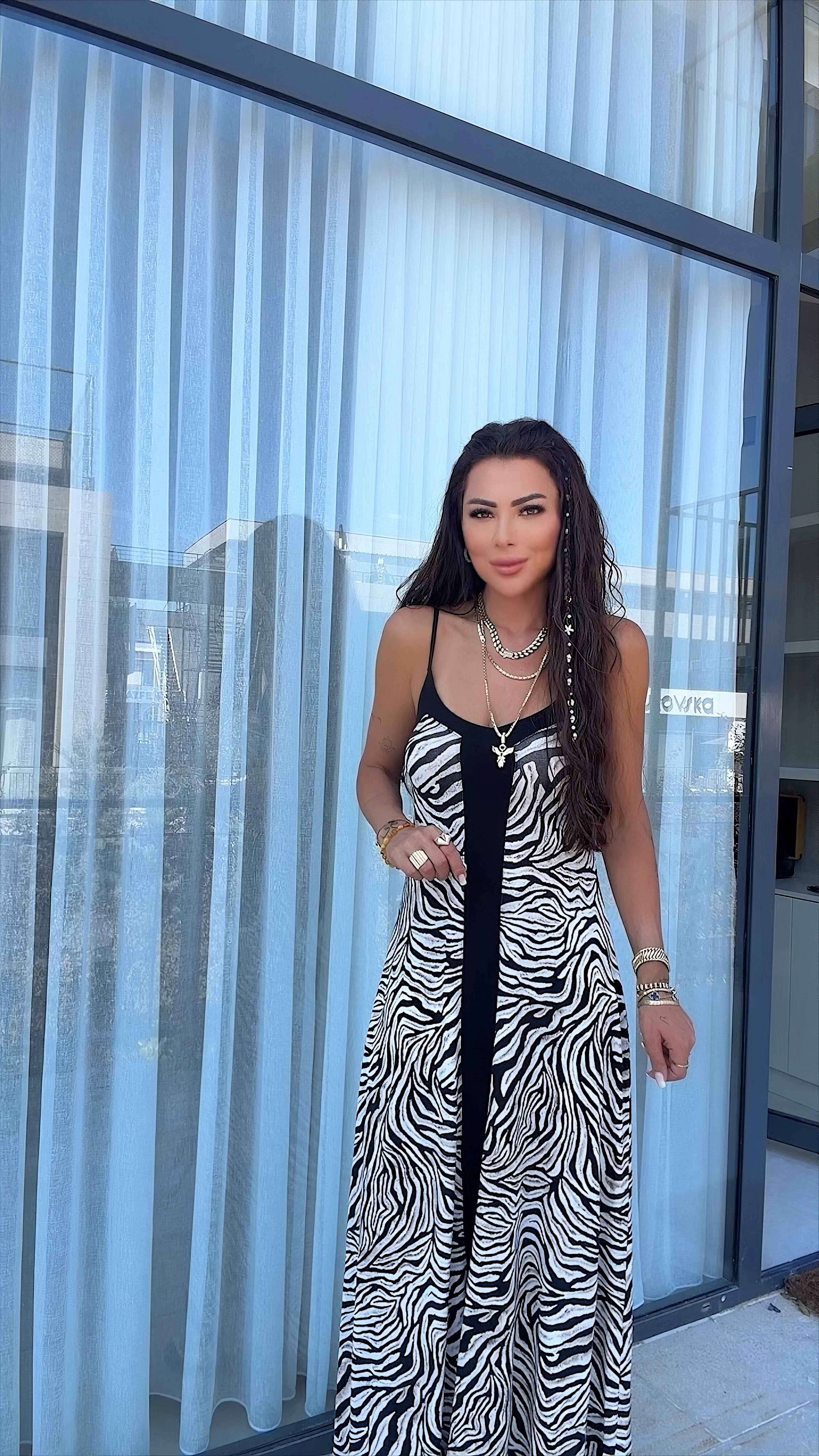 Zabo Kadın Zebra Desenli Askılı Elbise