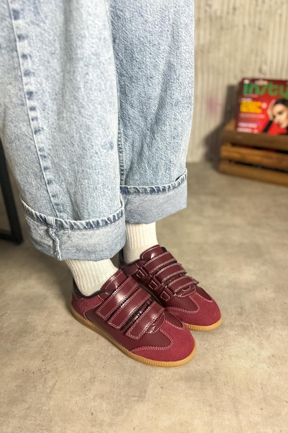 Cırry Bordo Cilt Süet Detaylı Cırtlı Kadın Sneakers