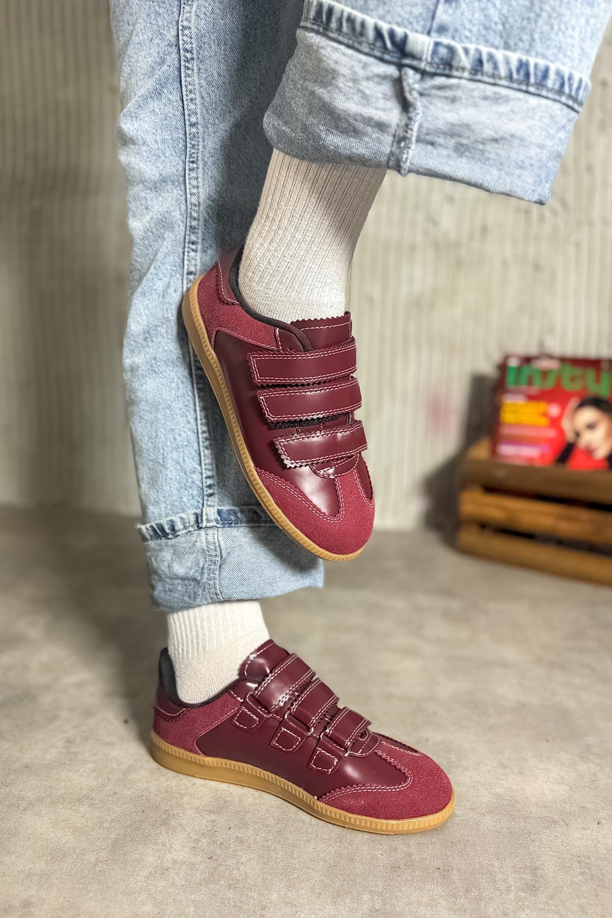 Cırry Bordo Cilt Süet Detaylı Cırtlı Kadın Sneakers