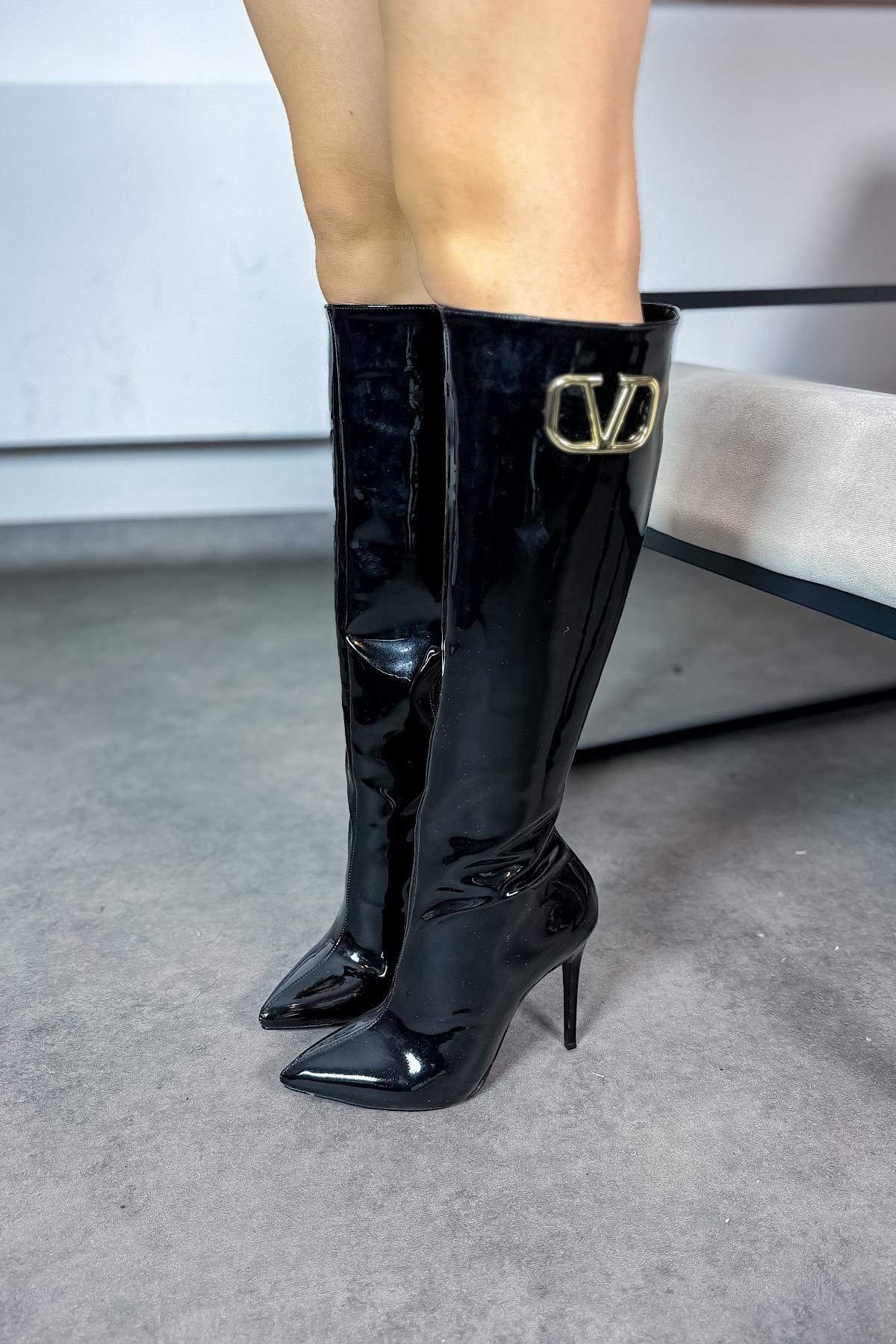 Minorka Siyah Rugan Tokalı Kadın Topuklu kadın Çizme