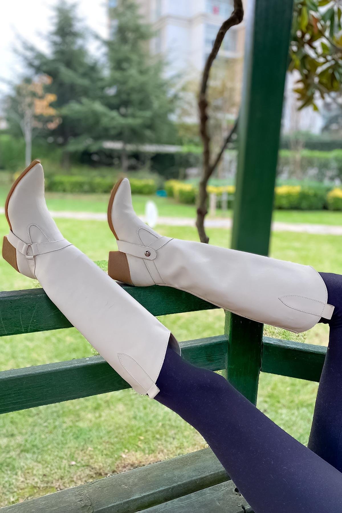 Ruffle Bej Tak Çıkar Detaylı Kadın Bot Ve Çizme