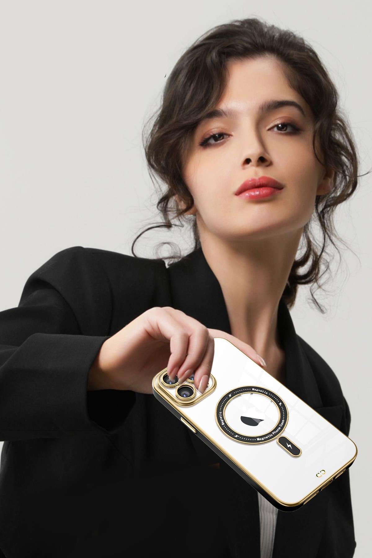 Apple iPhone Uyumlu Şeffaf Buzlu Gold Magsafe Kılıf Pembe - ShinyTECH