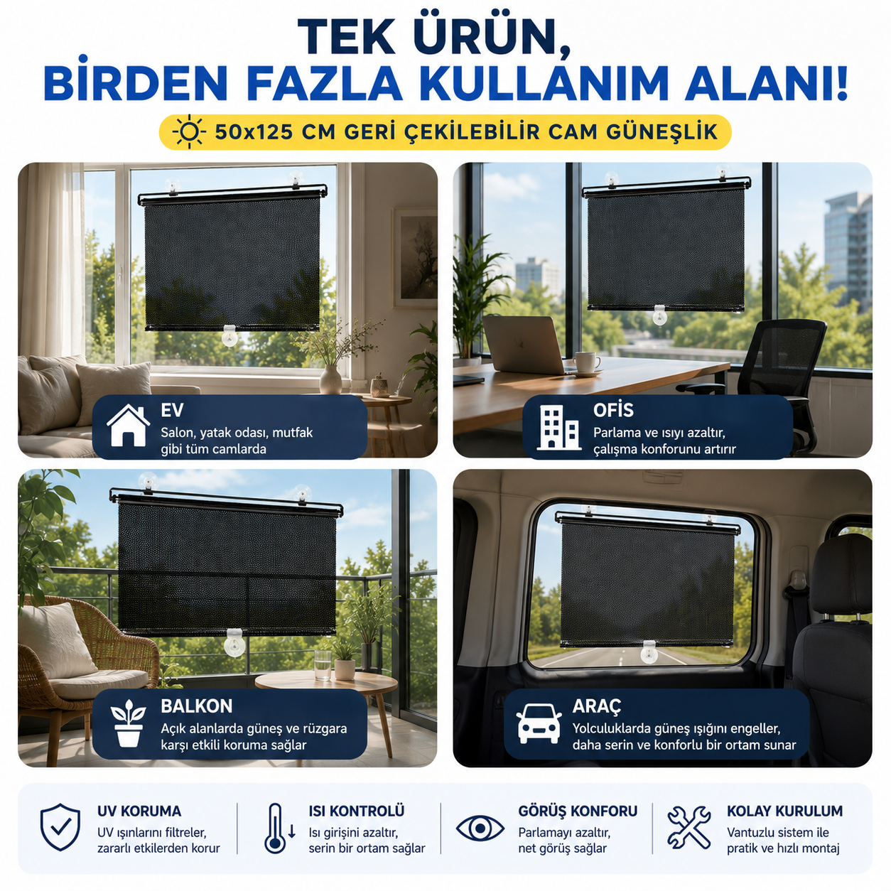 50x125 Cm Geri Çekilebilen Araç İçi Ön Cam Güneşlik, Ev Tipi Cam Güneşlik UV Engelleyici