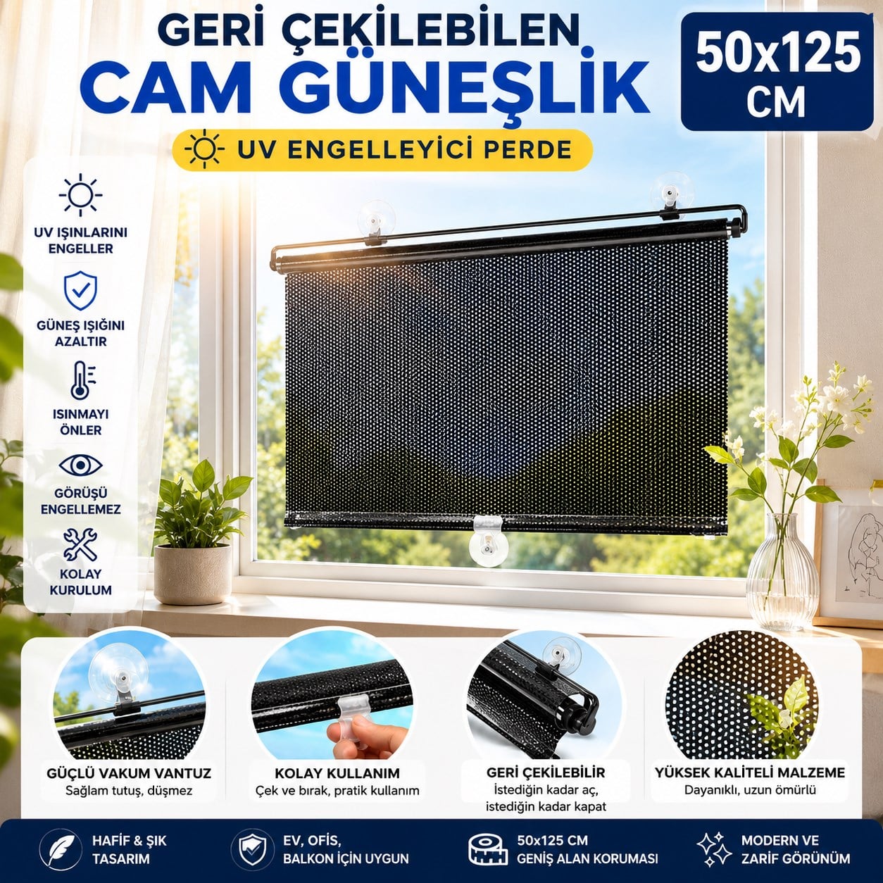 50x125 Cm Geri Çekilebilen Araç İçi Ön Cam Güneşlik, Ev Tipi Cam Güneşlik UV Engelleyici
