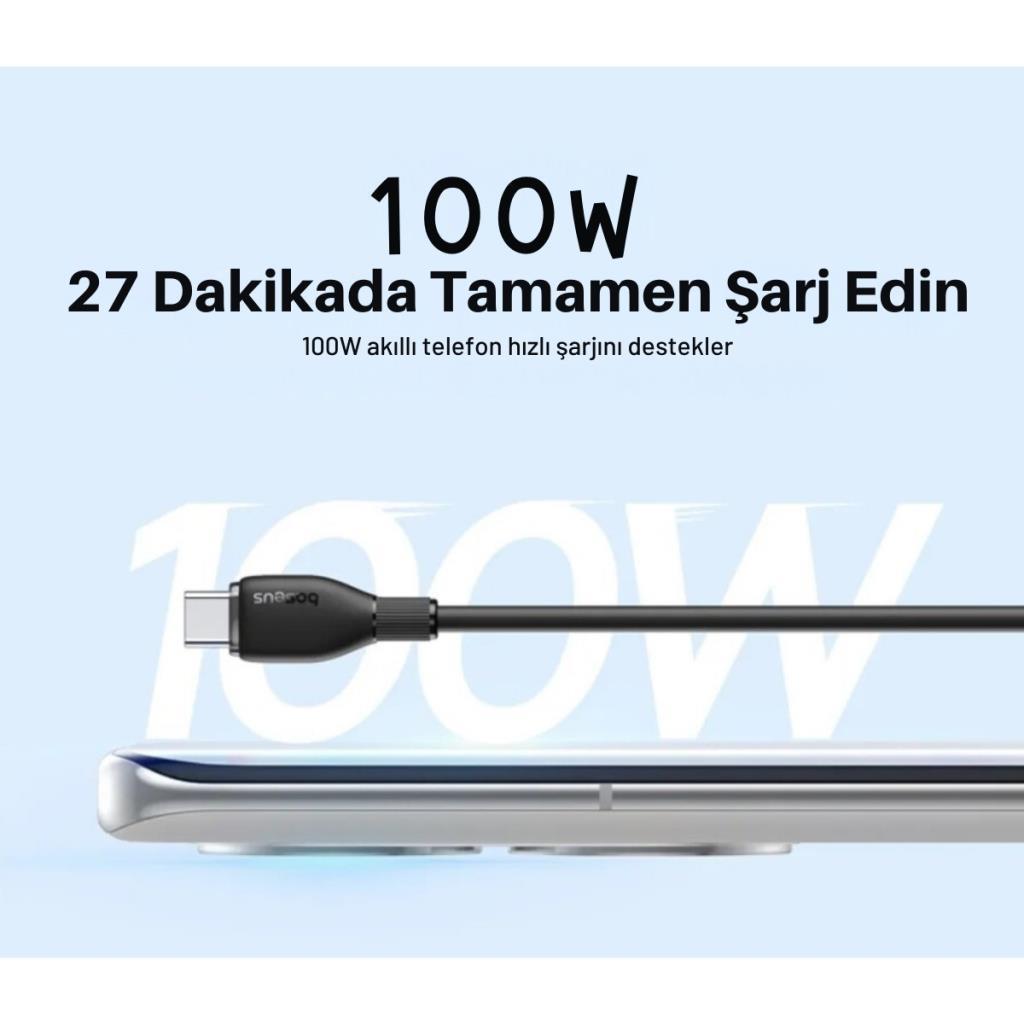Baseus MEGA Hızlı 1.2MT 100W Type-C Şarj Kablosu, Akım Ve Isı Korumalı Type C Kablo, PC, Telefon, Tablet Şarjı