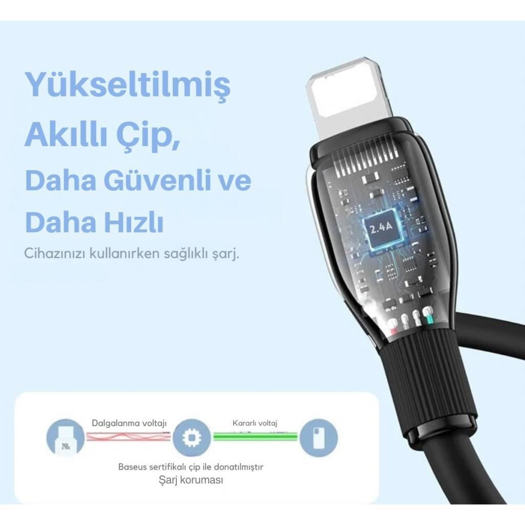 Baseus Ultra Hızlı 1.2MT 2.4A İphone Şarj Kablosu İphone 11 12 13 14 Pro Max Şarj Kablo, Akım ve Isı Korumalı