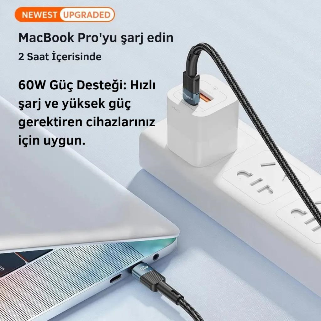Essager 0.50CM 60W PD Type C To Type C Şarj Kablosu, Akım, Isı ve Güç Korumalı Ultra Sağlam Kablo