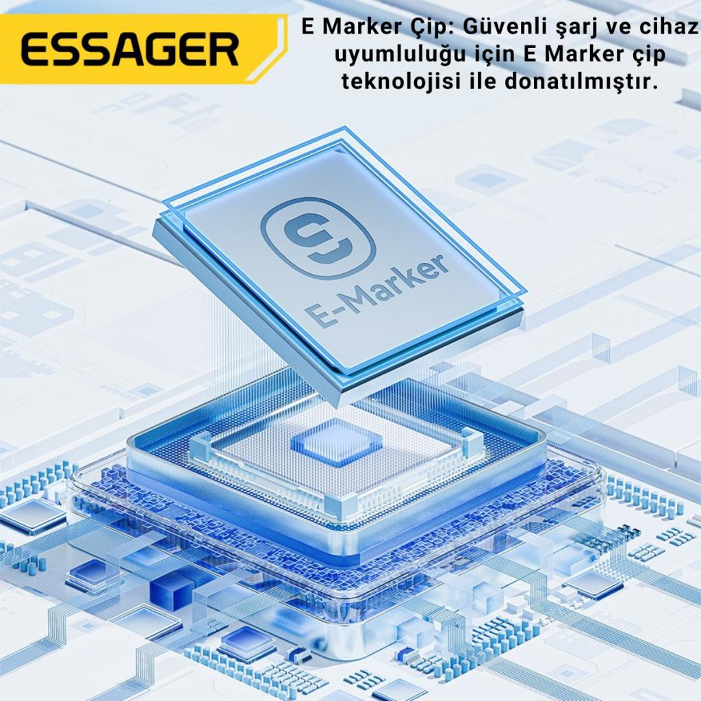 Essager 0.25CM PD 100W Süper Hızlı Type C To Type C Şarj Data Kablosu, E-marker Çipli Akıllı Şarj Kablosu