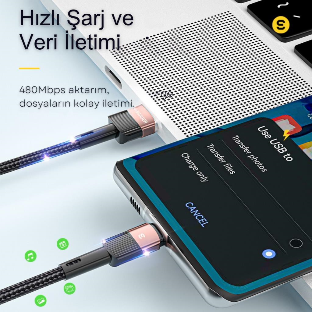 Essager 0.50CM 7A 66W USB to Type-C Süper Hızlı Şarj ve Data  Kablosu,Süper Dayanıklı Akım ve Isı Korumalı