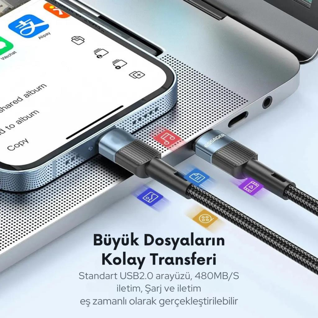 Essager 0.50CM 60W PD Type C To Type C Şarj Kablosu, Akım, Isı ve Güç Korumalı Ultra Sağlam Kablo