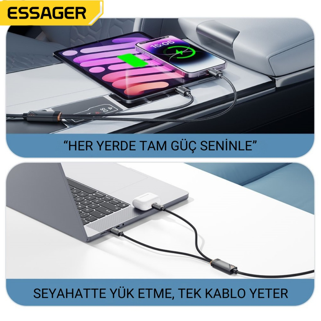 Essager 1.2 Metre 100W 2in1 Type C to 2x Type C Şarj ve Data Kablosu, Çift Cihaz Desteği, Dayanıklı Örgülü Tasarım, 