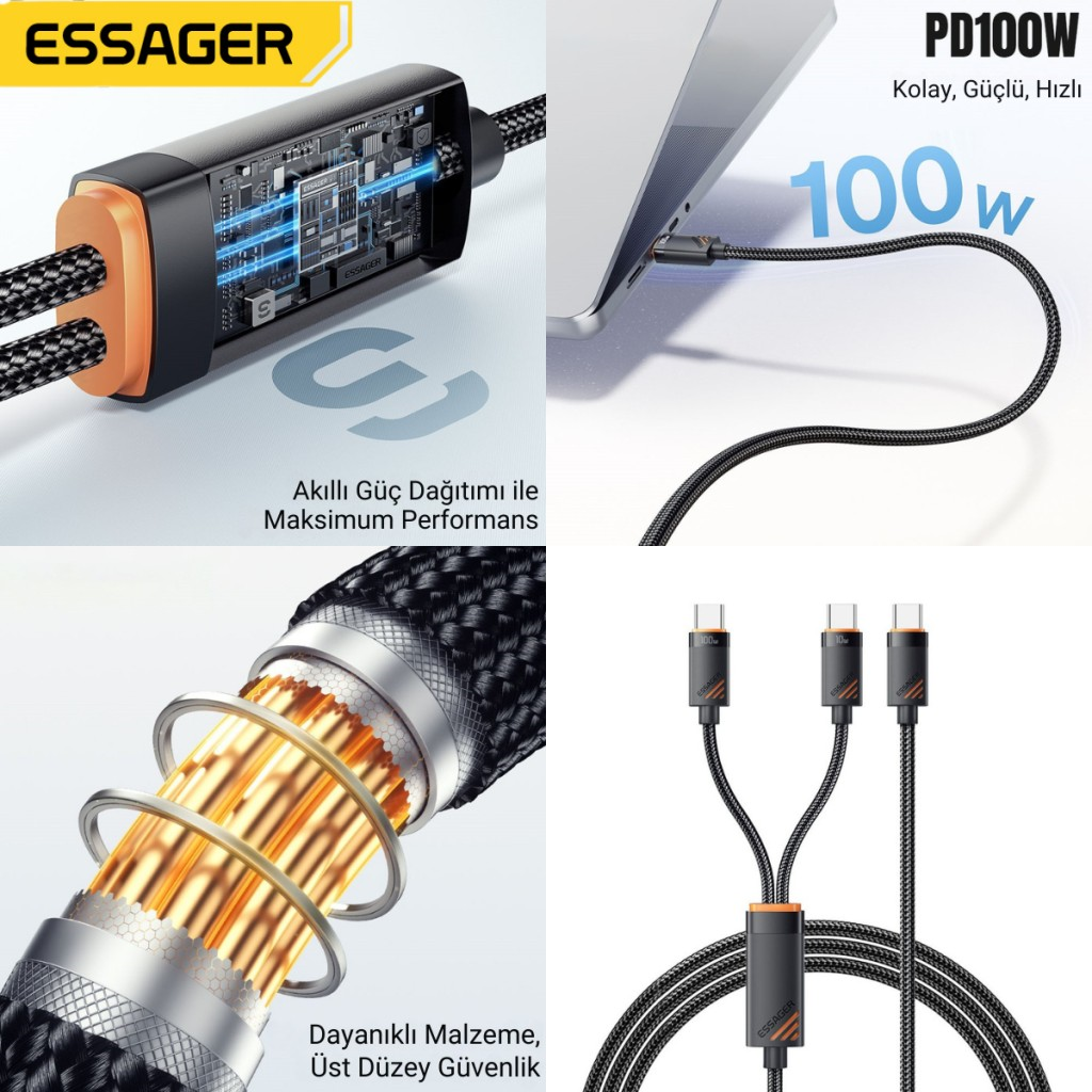 Essager 1.2 Metre 100W 2in1 Type C to 2x Type C Şarj ve Data Kablosu, Çift Cihaz Desteği, Dayanıklı Örgülü Tasarım, 