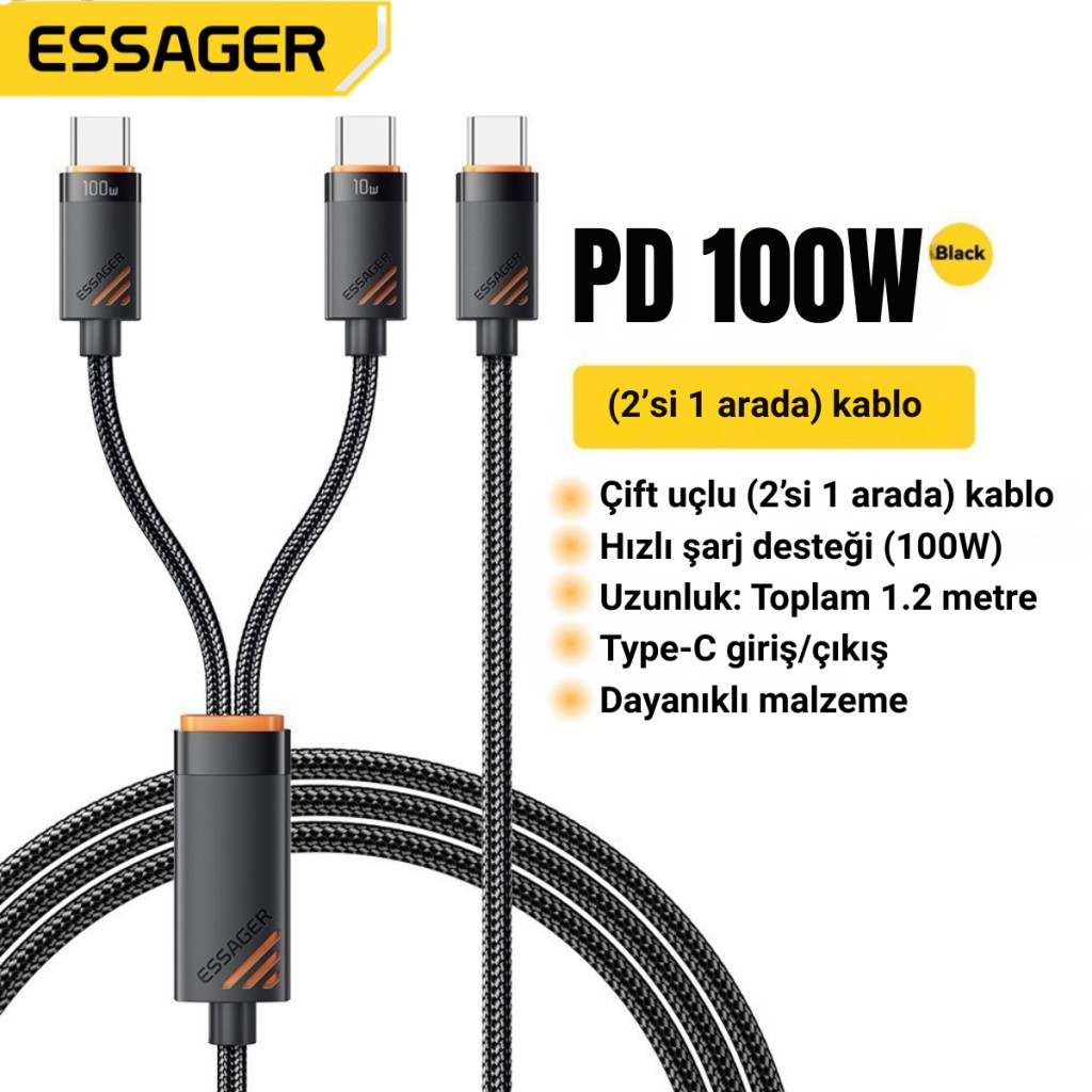 Essager 1.2 Metre 100W 2in1 Type C to 2x Type C Şarj ve Data Kablosu, Çift Cihaz Desteği, Dayanıklı Örgülü Tasarım, 