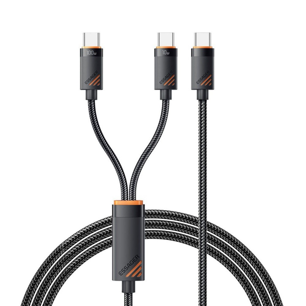 Essager 1.2 Metre 100W 2in1 Type C to 2x Type C Şarj ve Data Kablosu, Çift Cihaz Desteği, Dayanıklı Örgülü Tasarım, 